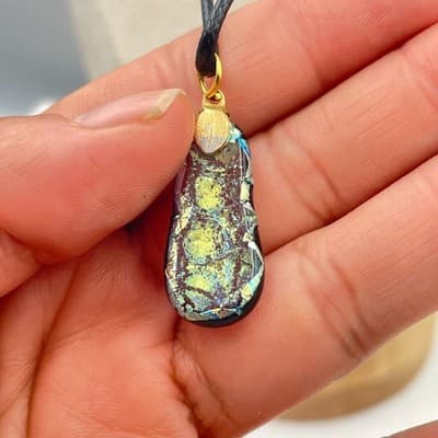 Vintage 90s Dichroic Glass Pendant Necklace Gold Foil Art Glass Cord Jewelry - Thumbnail 2