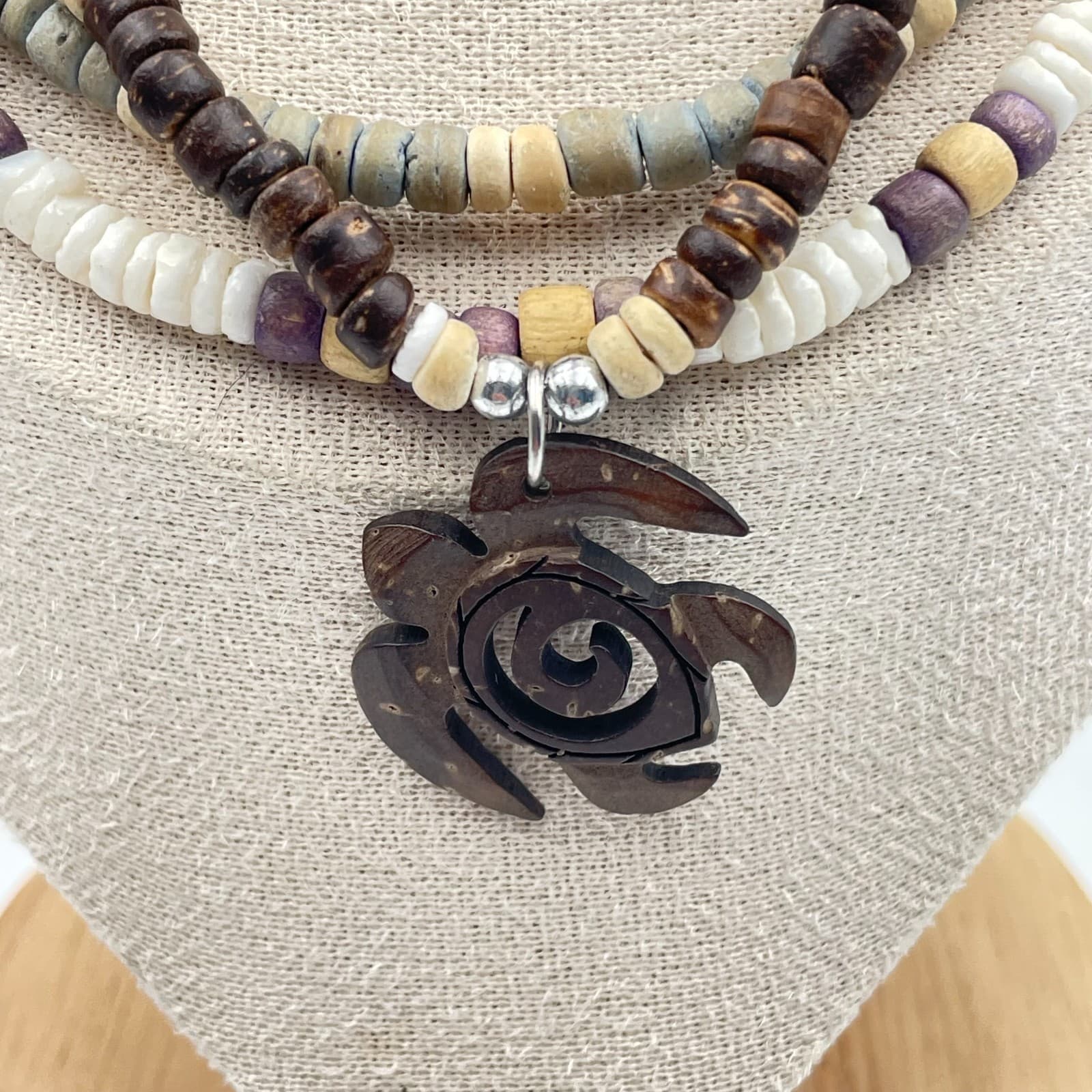 Vintage 90s Wood Bead Necklaces Set Brown Turtle Pendant Tropical Boho Jewelry - Thumbnail 3
