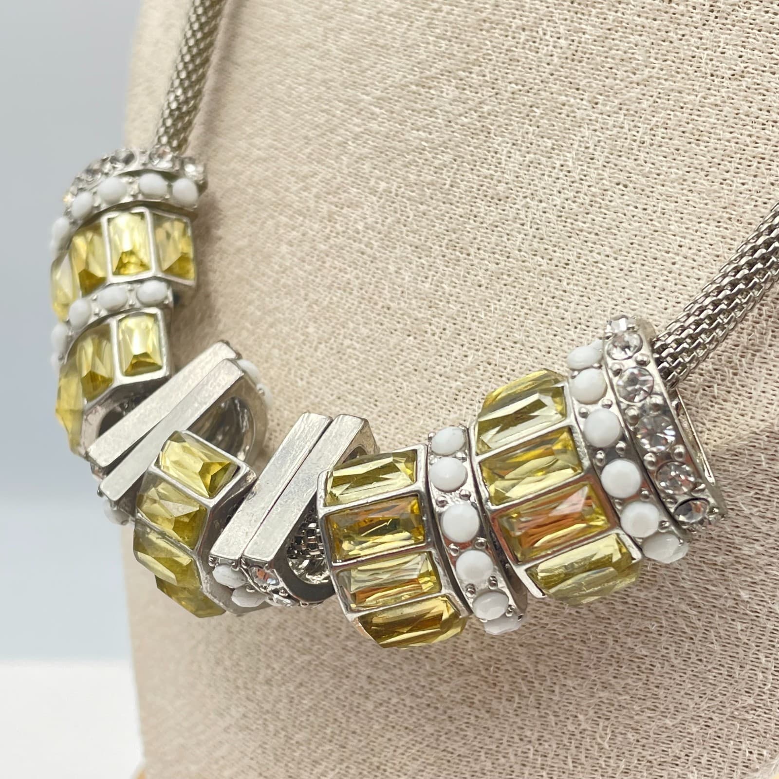 Vintage 90s Silver Tone Mesh Necklace Yellow Glass Baguette Chunky Statement - Thumbnail 5