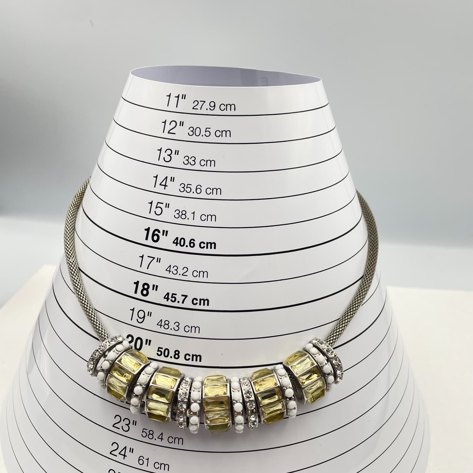 Vintage 90s Silver Tone Mesh Necklace Yellow Glass Baguette Chunky Statement - Thumbnail 6