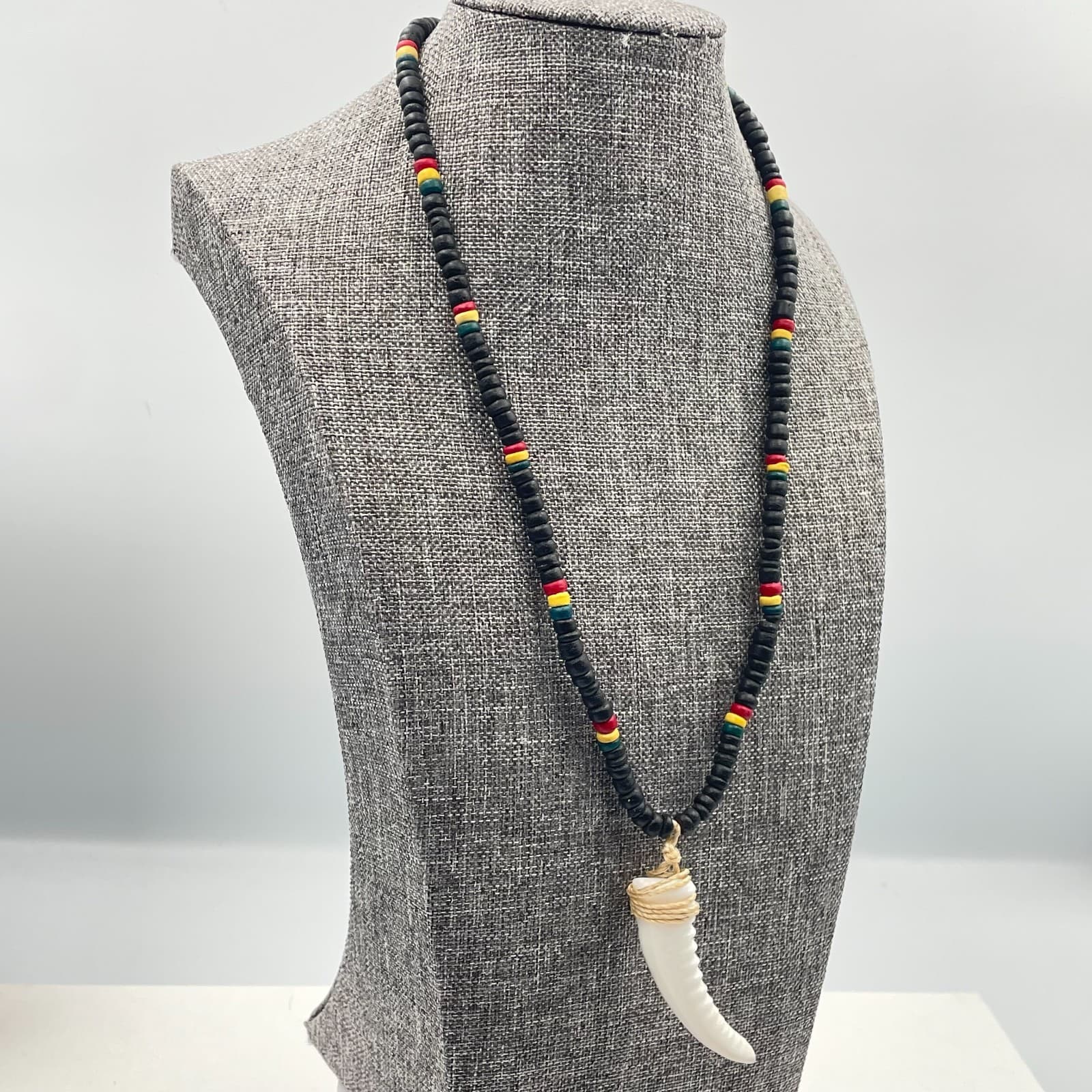 Vintage 90s Boho Black Bead Necklace White Horn Pendant Rasta Colors Jewelry - Thumbnail 5