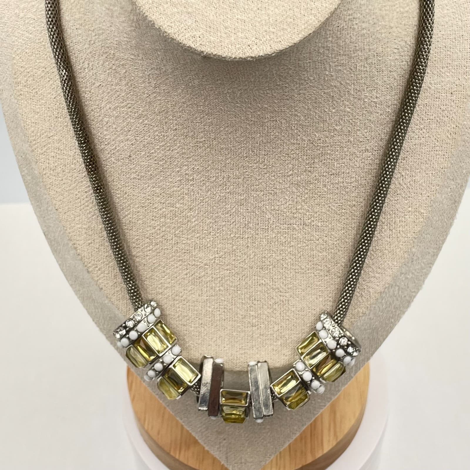 Vintage 90s Silver Tone Mesh Necklace Yellow Glass Baguette Chunky Statement - Thumbnail 2