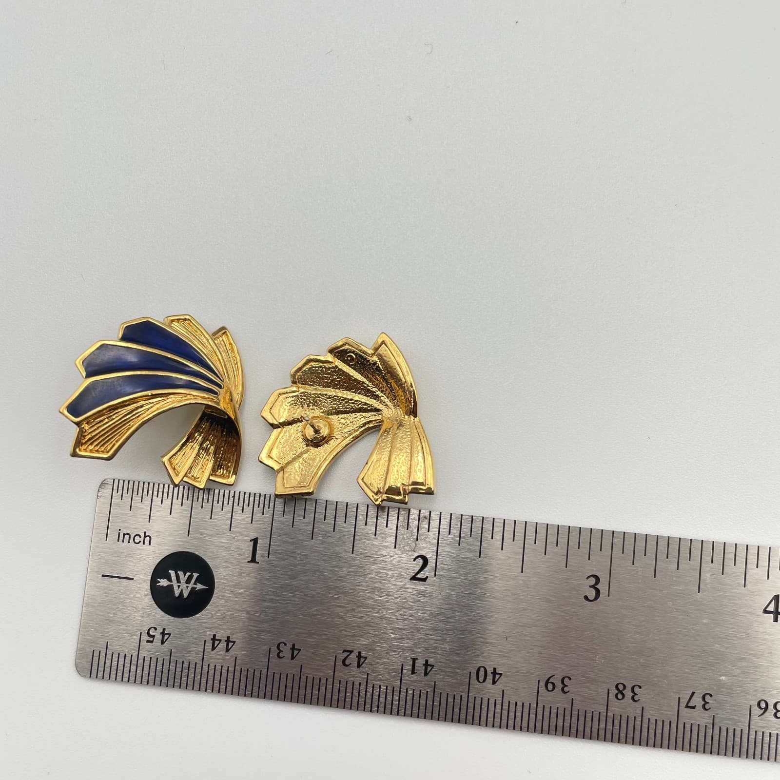 Vintage 80s Gold Tone Blue Enamel Art Deco Fan Stud Earrings Fashion Jewelry - Thumbnail 7