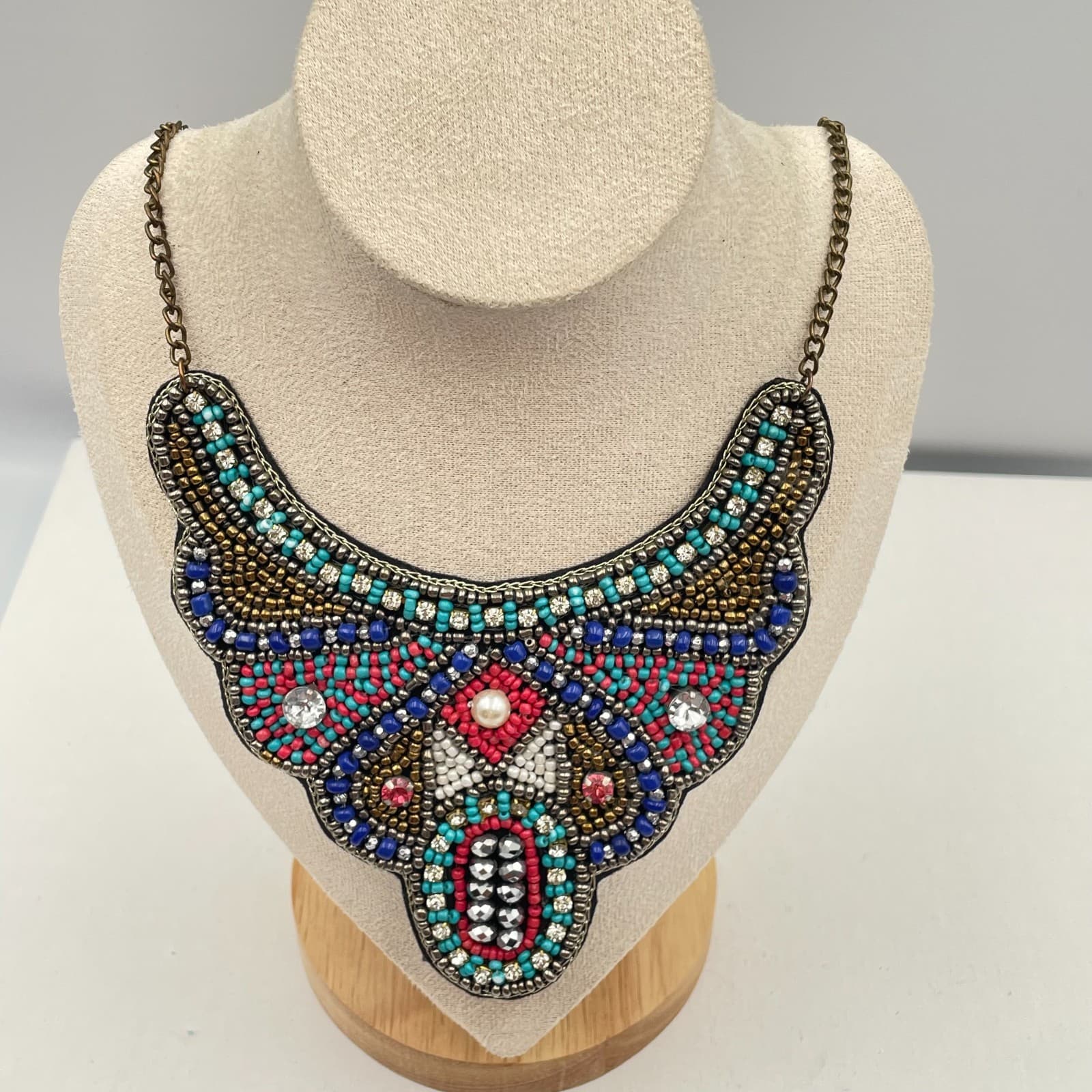 Vintage 90s Boho Seed Beads Ethnic Necklace Statement Women's Classic Jewelry - Thumbnail 4
