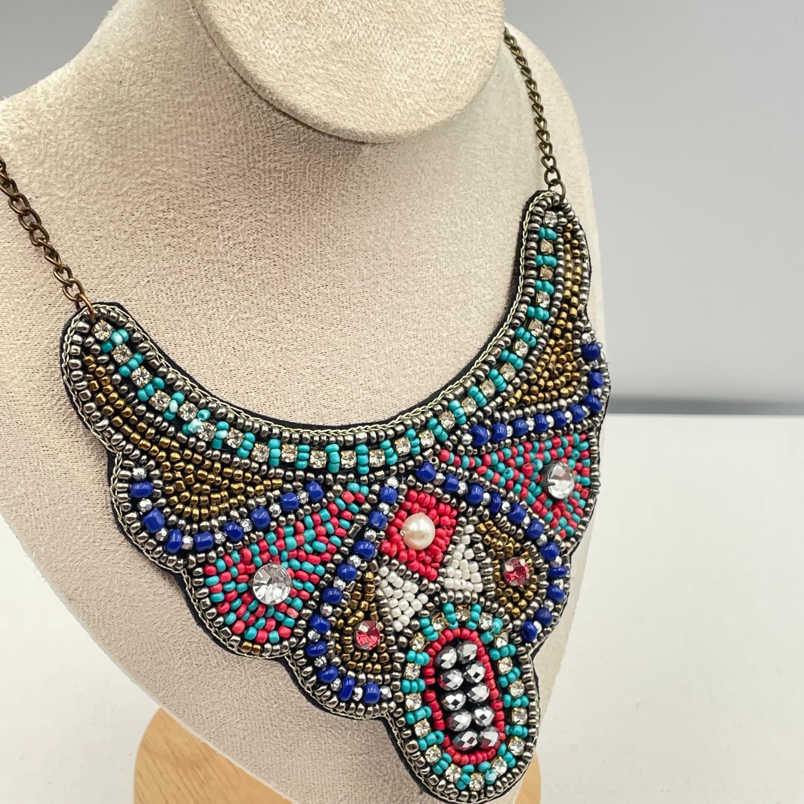 Vintage 90s Boho Seed Beads Ethnic Necklace Statement Women's Classic Jewelry - Thumbnail 6
