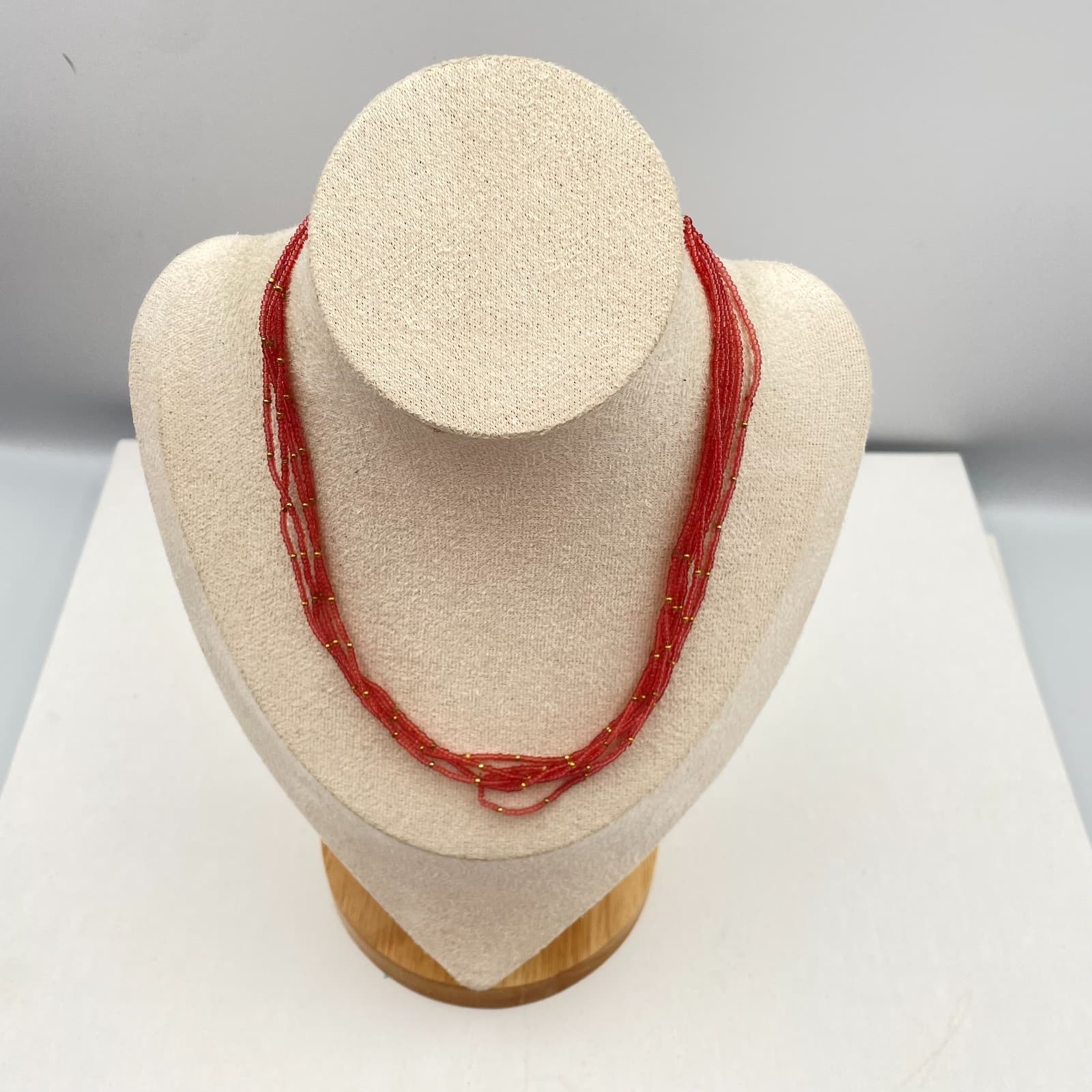 Vintage Y2K Gold Tone Multi Strand Seed Bead Necklace Red Boho Women's Jewelry - Thumbnail 2