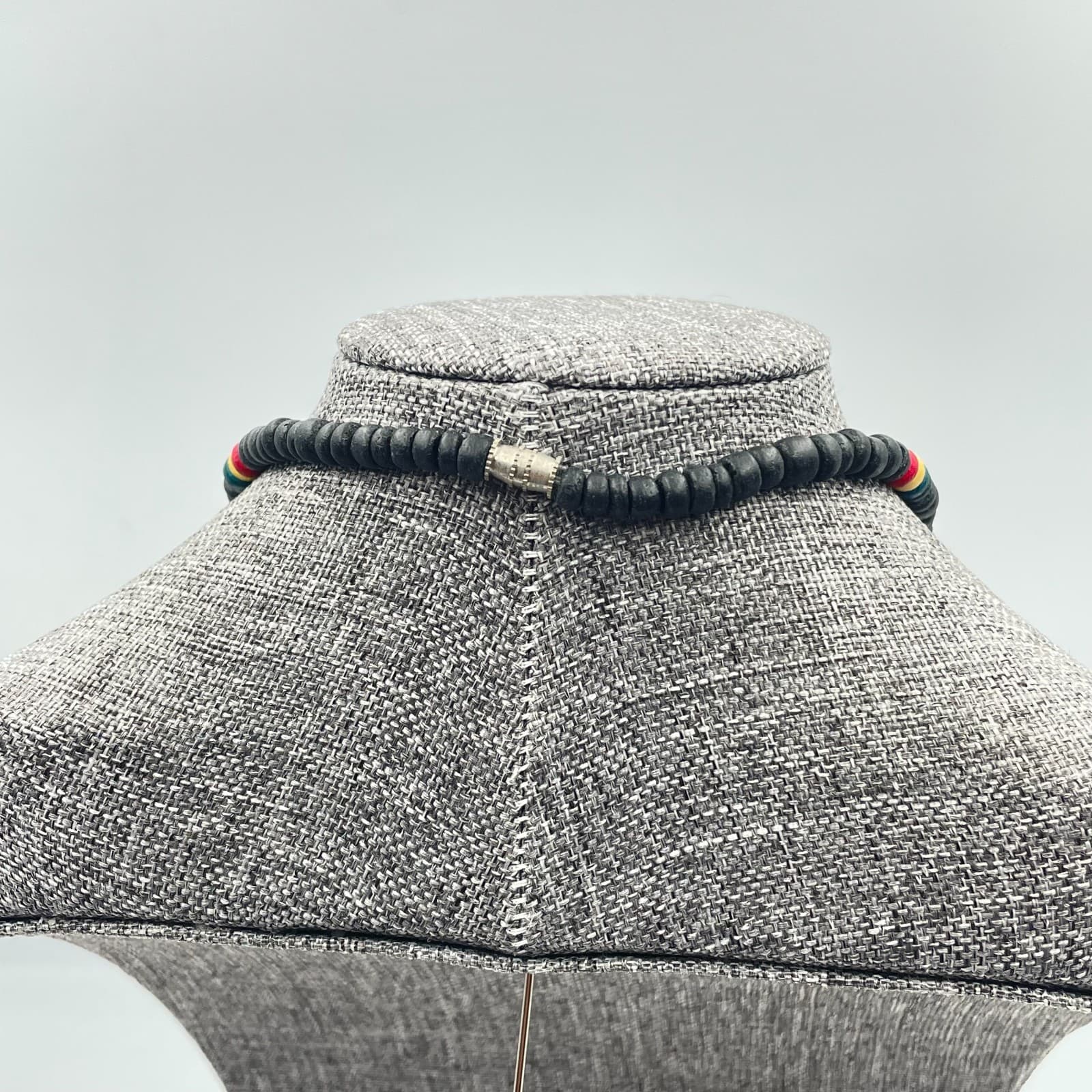Vintage 90s Boho Black Bead Necklace White Horn Pendant Rasta Colors Jewelry - Thumbnail 6