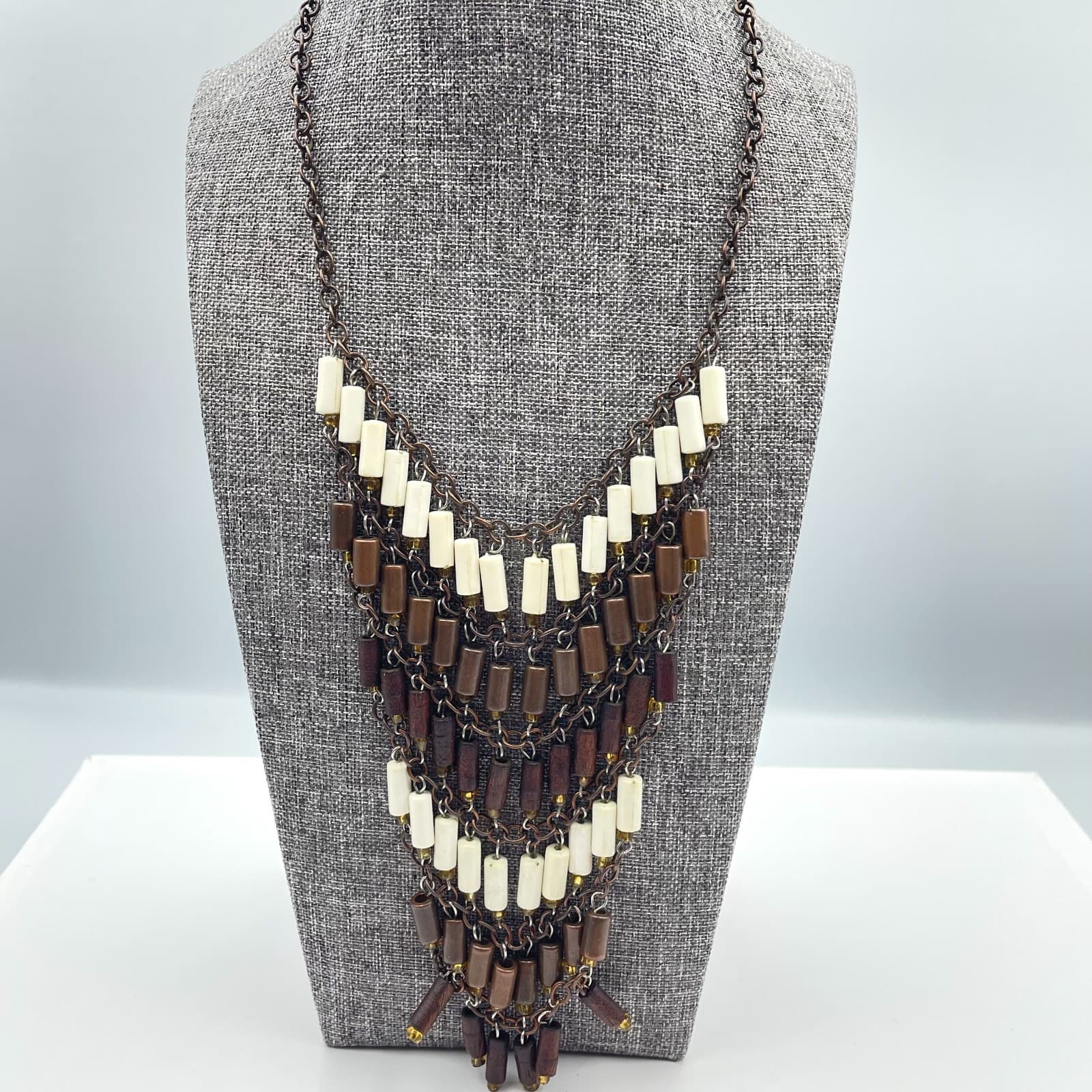 Vintage 90s Copper Tone Boho Bib Necklace Wood Cream Brown Tube Beaded Jewelry
