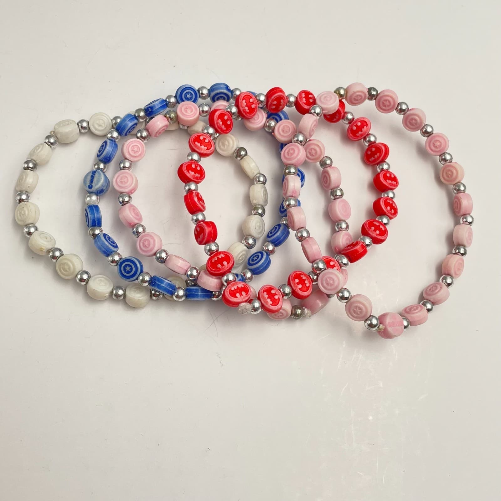 Vintage 80s Patriotic Beaded Stretch Bracelets Red White Blue Star Heart Jewelry