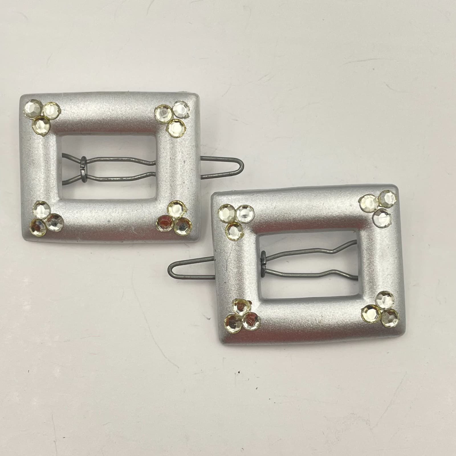 Vintage 70s Silver Rhinestone Square Buckle Slider Hair Clip Pair Style Jewelry