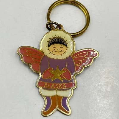 Keyring Vintage Alaska Enamel Eskimo Angel Star Charm ACE Souvenir Gold Tone - Thumbnail 4