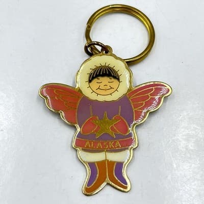 Keyring Vintage Alaska Enamel Eskimo Angel Star Charm ACE Souvenir Gold Tone