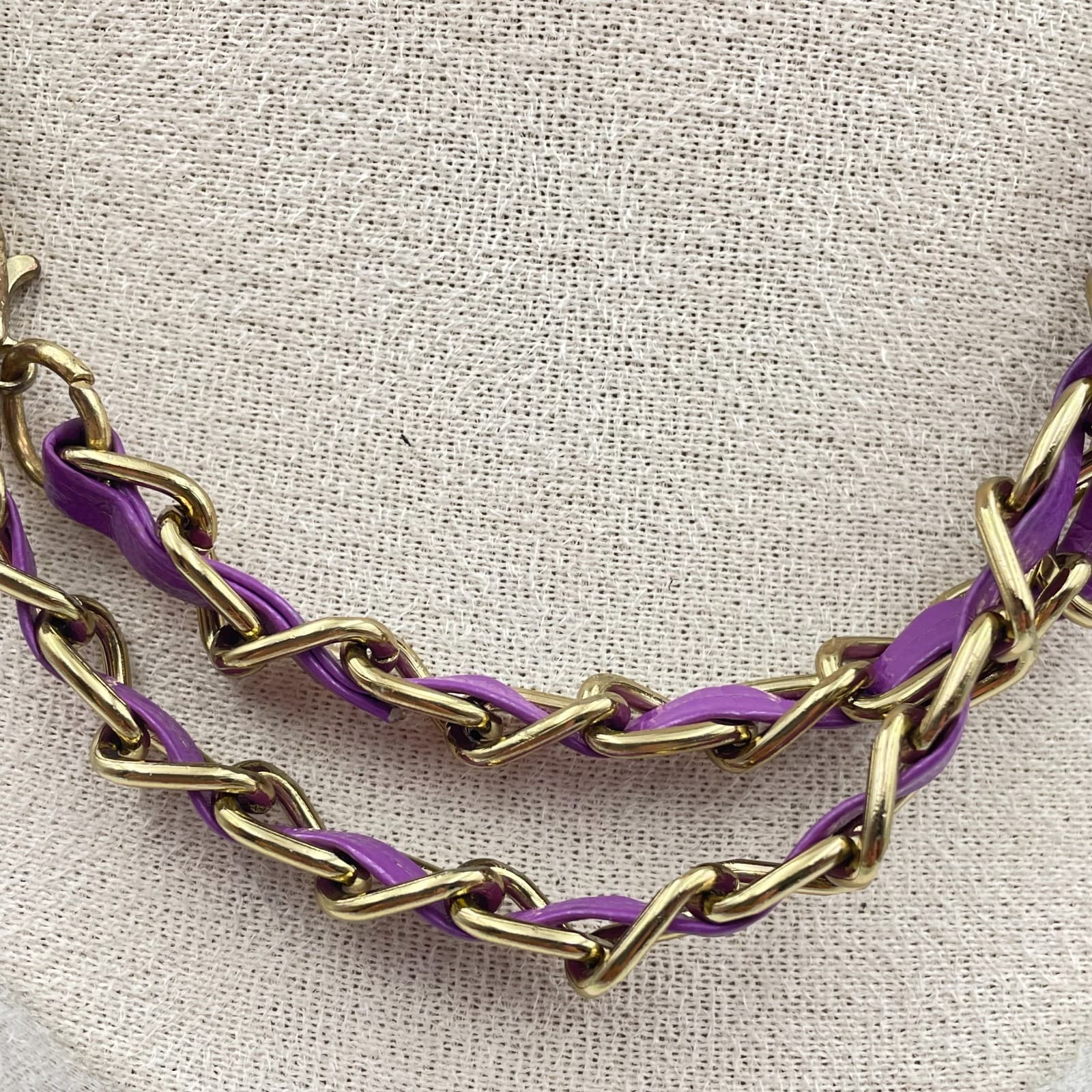 Vintage Y2K Gold Tone Purple Faux Leather Double Strand Boho Necklace Statement - Thumbnail 4