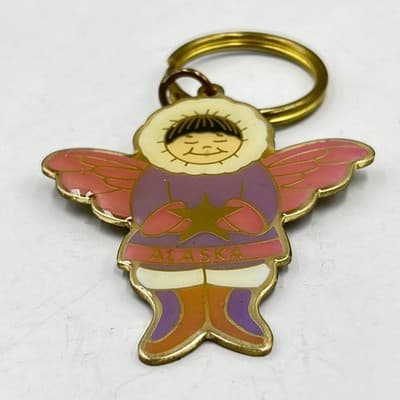 Keyring Vintage Alaska Enamel Eskimo Angel Star Charm ACE Souvenir Gold Tone - Thumbnail 2