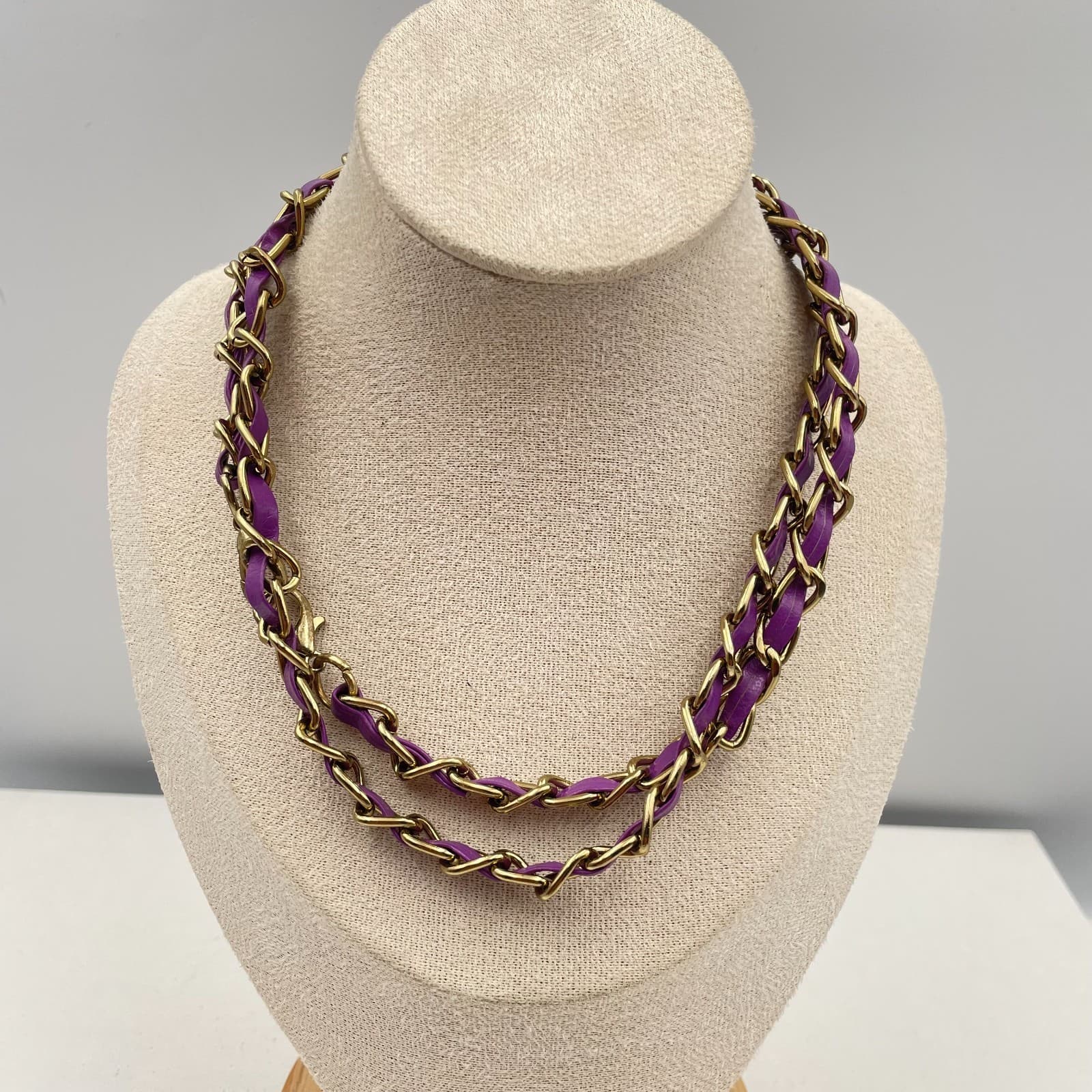 Vintage Y2K Gold Tone Purple Faux Leather Double Strand Boho Necklace Statement - Thumbnail 2