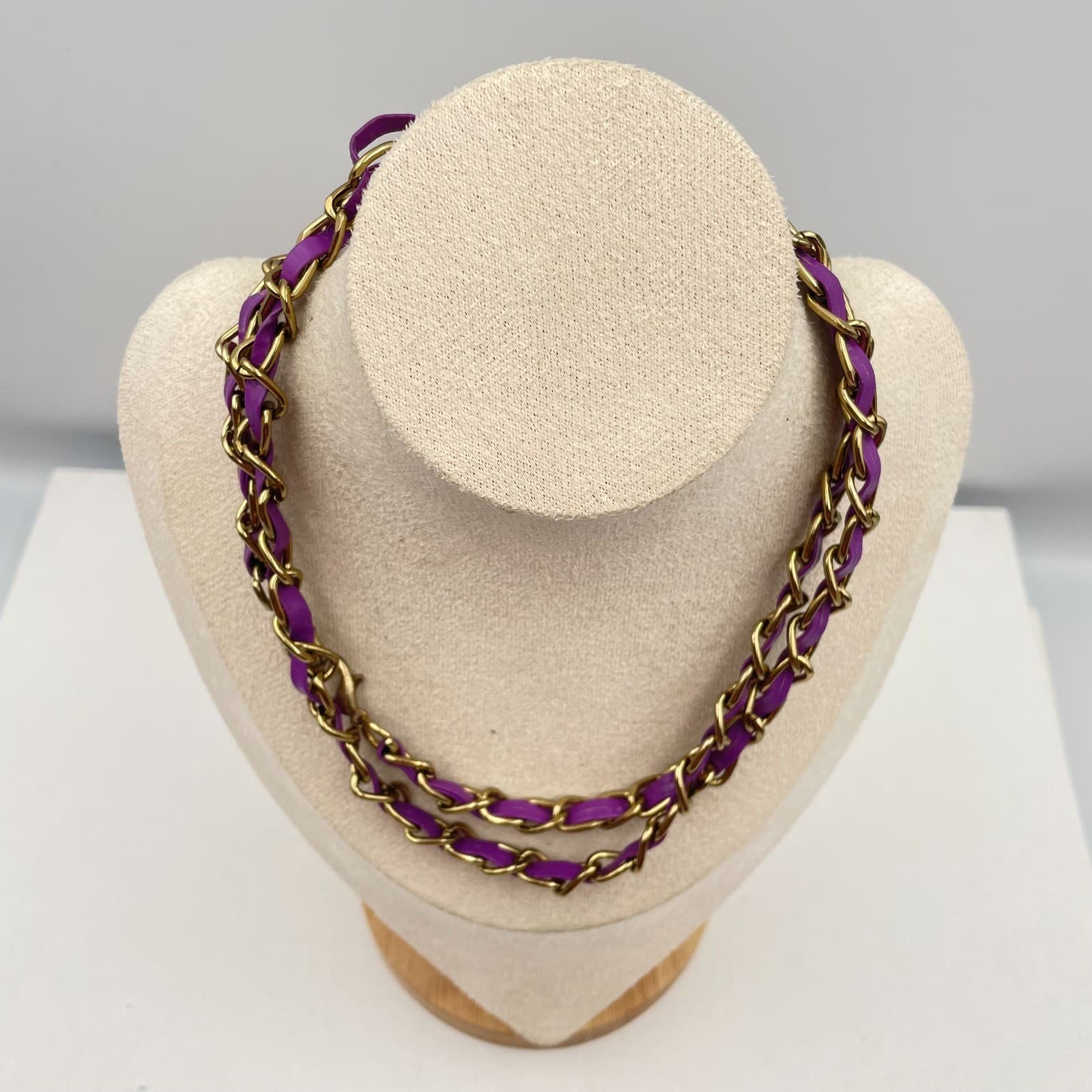 Vintage Y2K Gold Tone Purple Faux Leather Double Strand Boho Necklace Statement