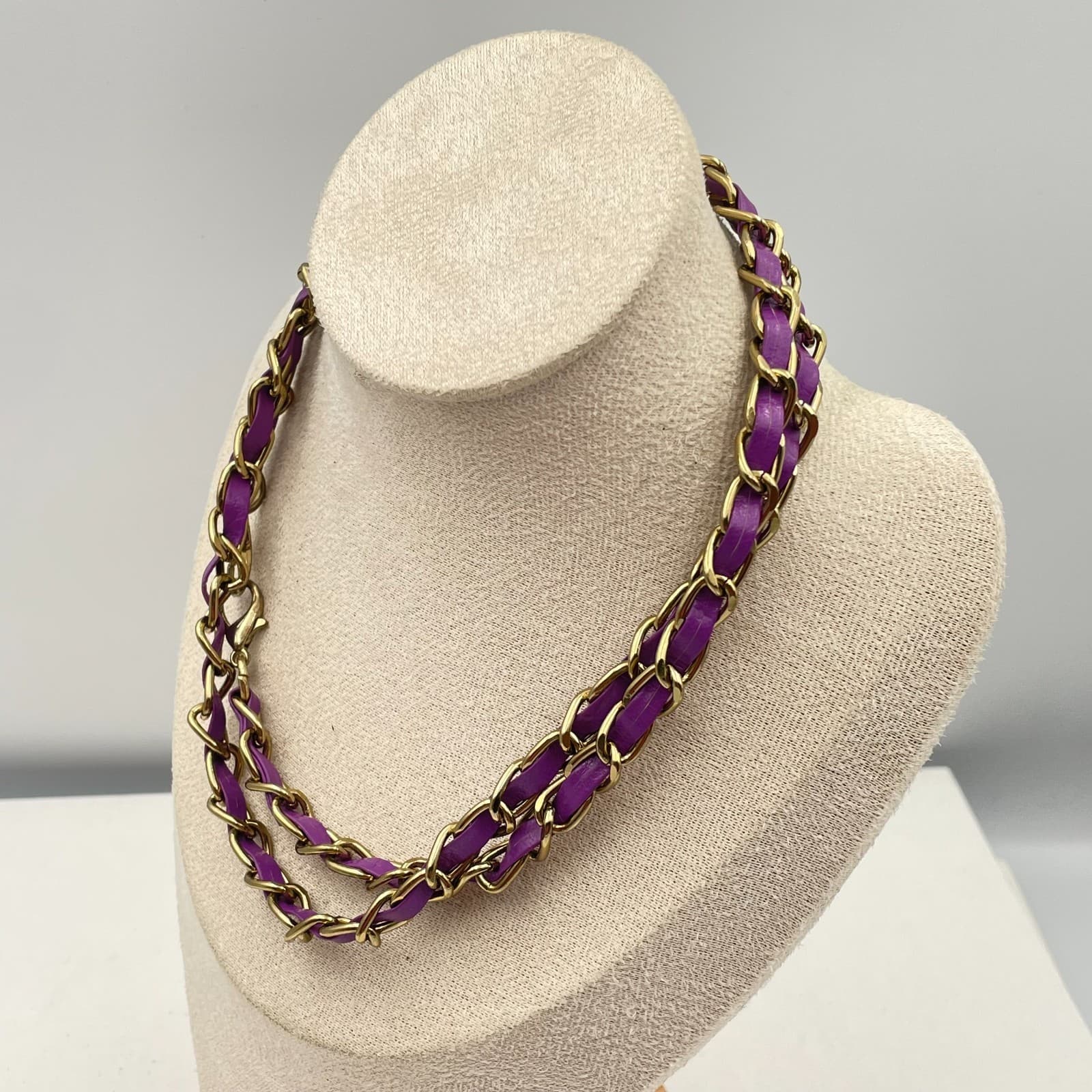 Vintage Y2K Gold Tone Purple Faux Leather Double Strand Boho Necklace Statement - Thumbnail 5