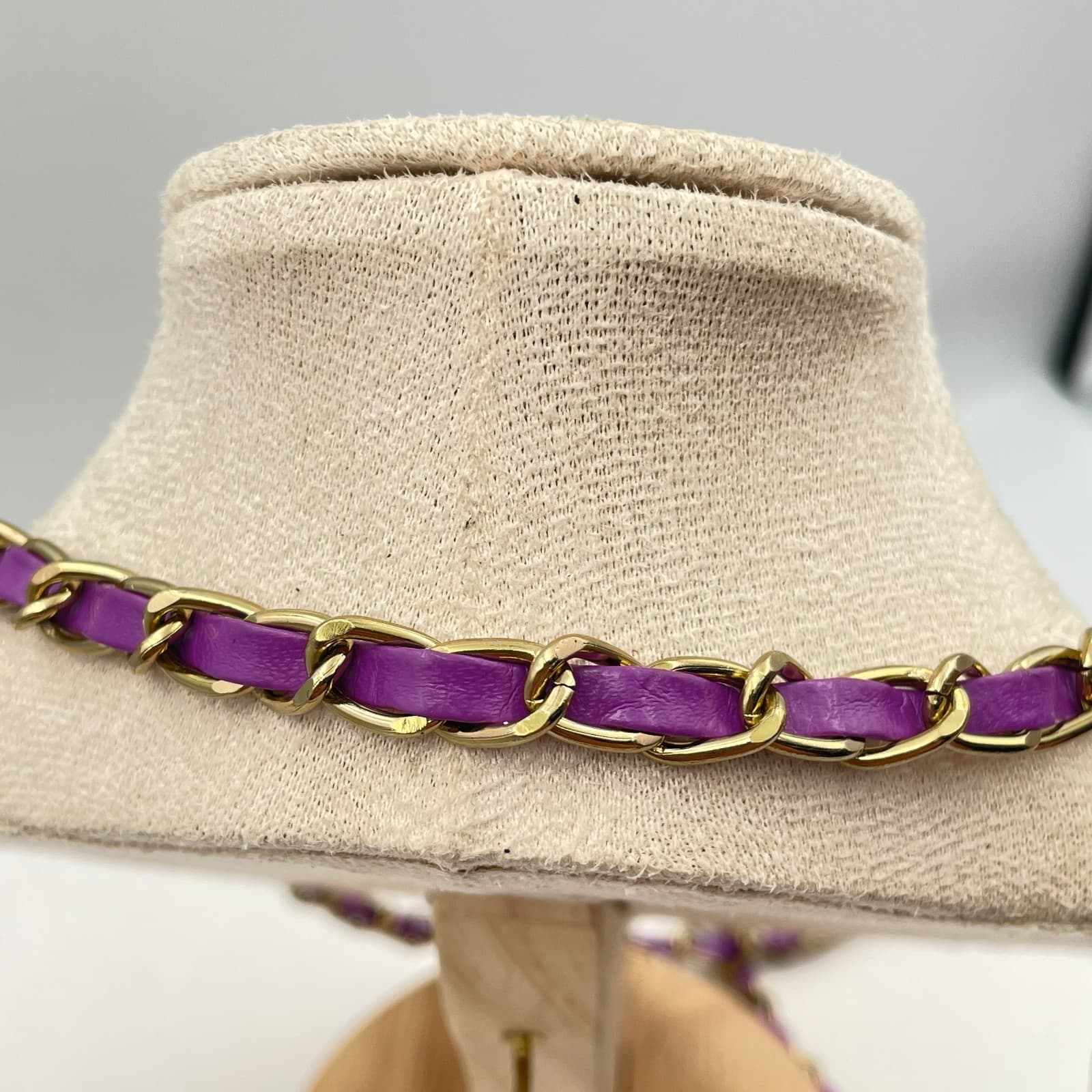 Vintage Y2K Gold Tone Purple Faux Leather Double Strand Boho Necklace Statement - Thumbnail 7