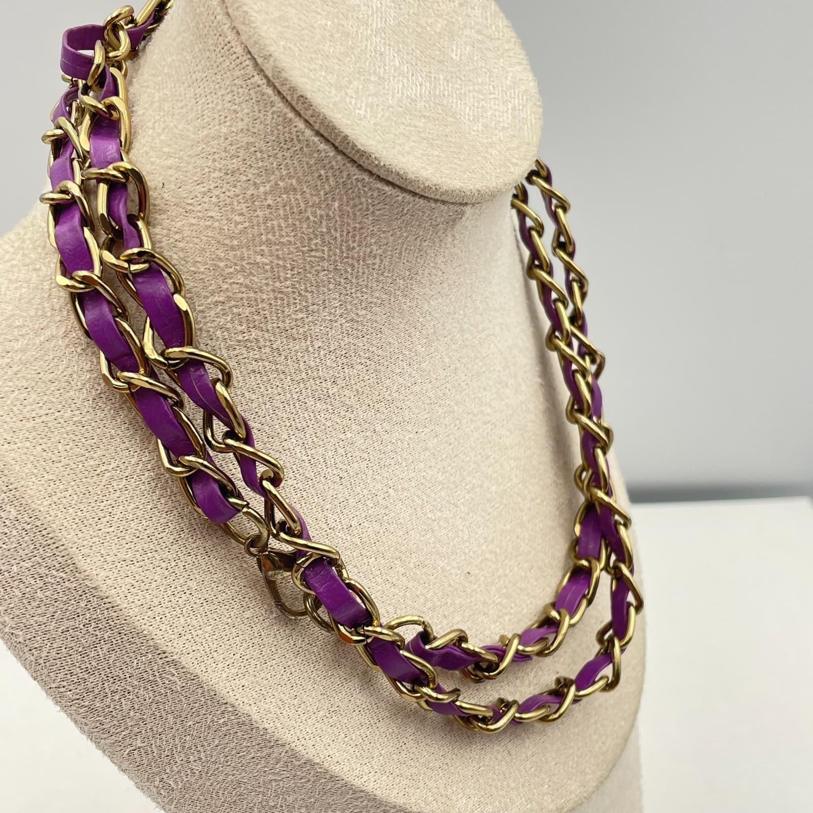 Vintage Y2K Gold Tone Purple Faux Leather Double Strand Boho Necklace Statement - Thumbnail 6