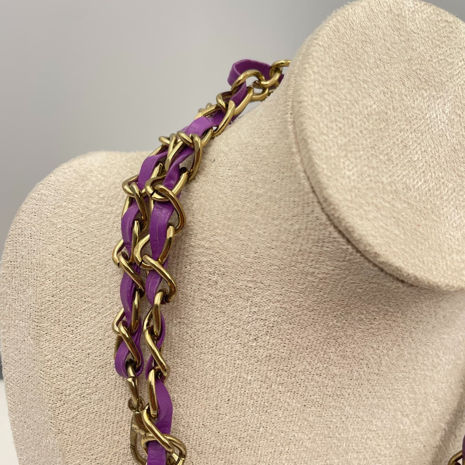 Vintage Y2K Gold Tone Purple Faux Leather Double Strand Boho Necklace Statement - Thumbnail 3
