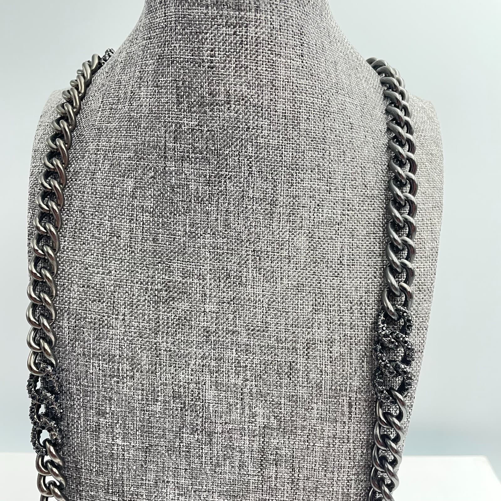 Vintage 90s Y2K Gunmetal Curb Chain Necklace Long Black Rhinestone Boho Jewelry - Thumbnail 2