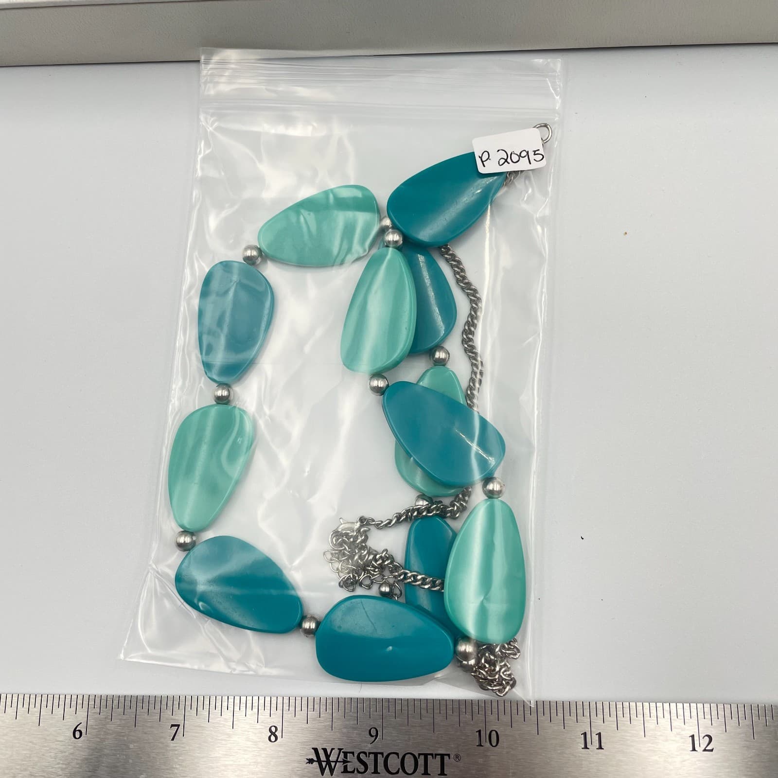 Vtg Chunky Teal Turquoise Statement Necklace Silver Tone Curb Chain Teardrop Bib - Thumbnail 7