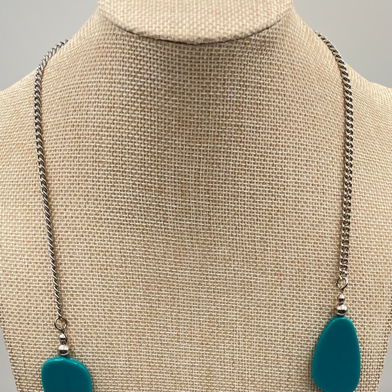 Vtg Chunky Teal Turquoise Statement Necklace Silver Tone Curb Chain Teardrop Bib - Thumbnail 2