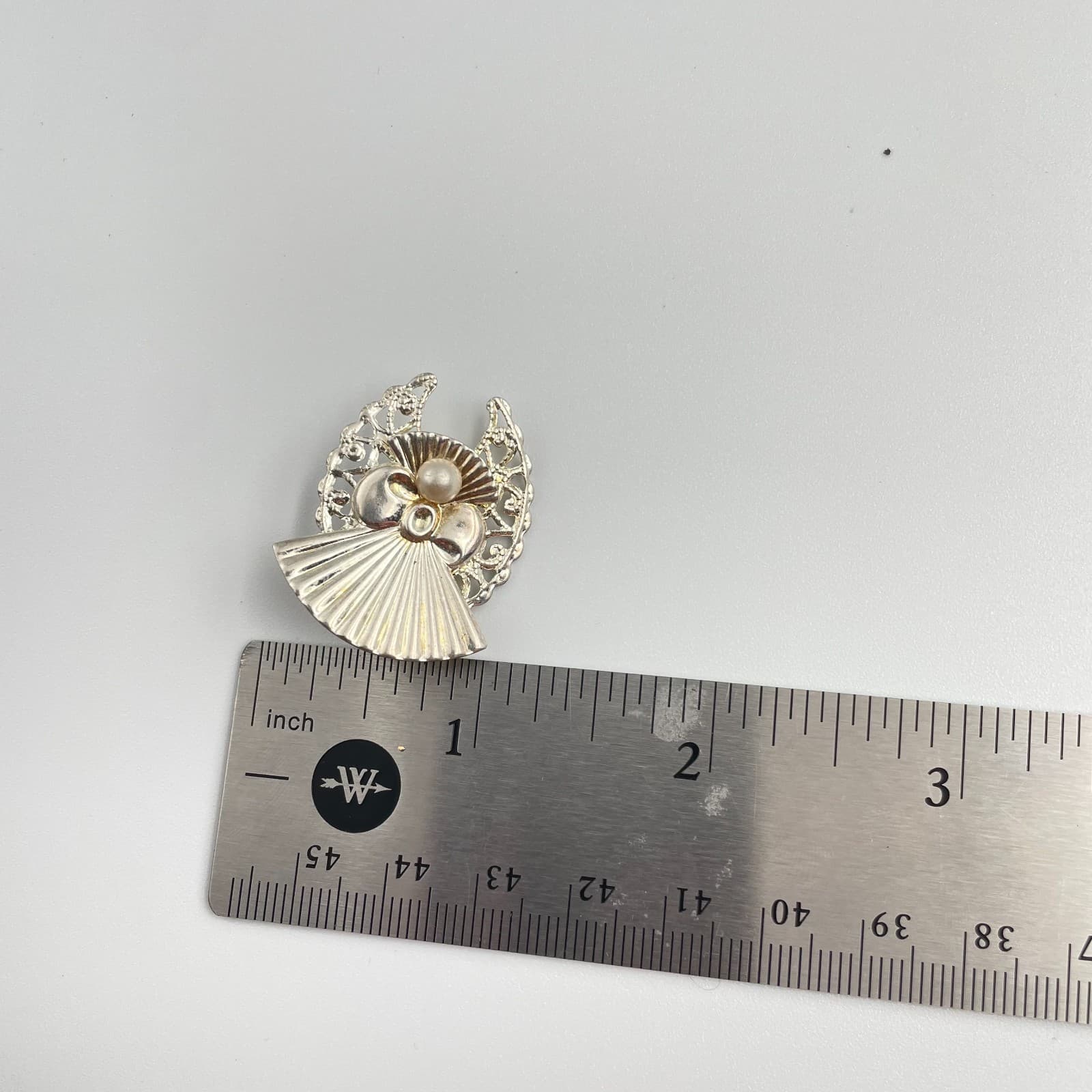 Vintage 90s AOL Silver Tone Faux Pearl Filigree Wings Angel Brooch Pin Jewelry - Thumbnail 7