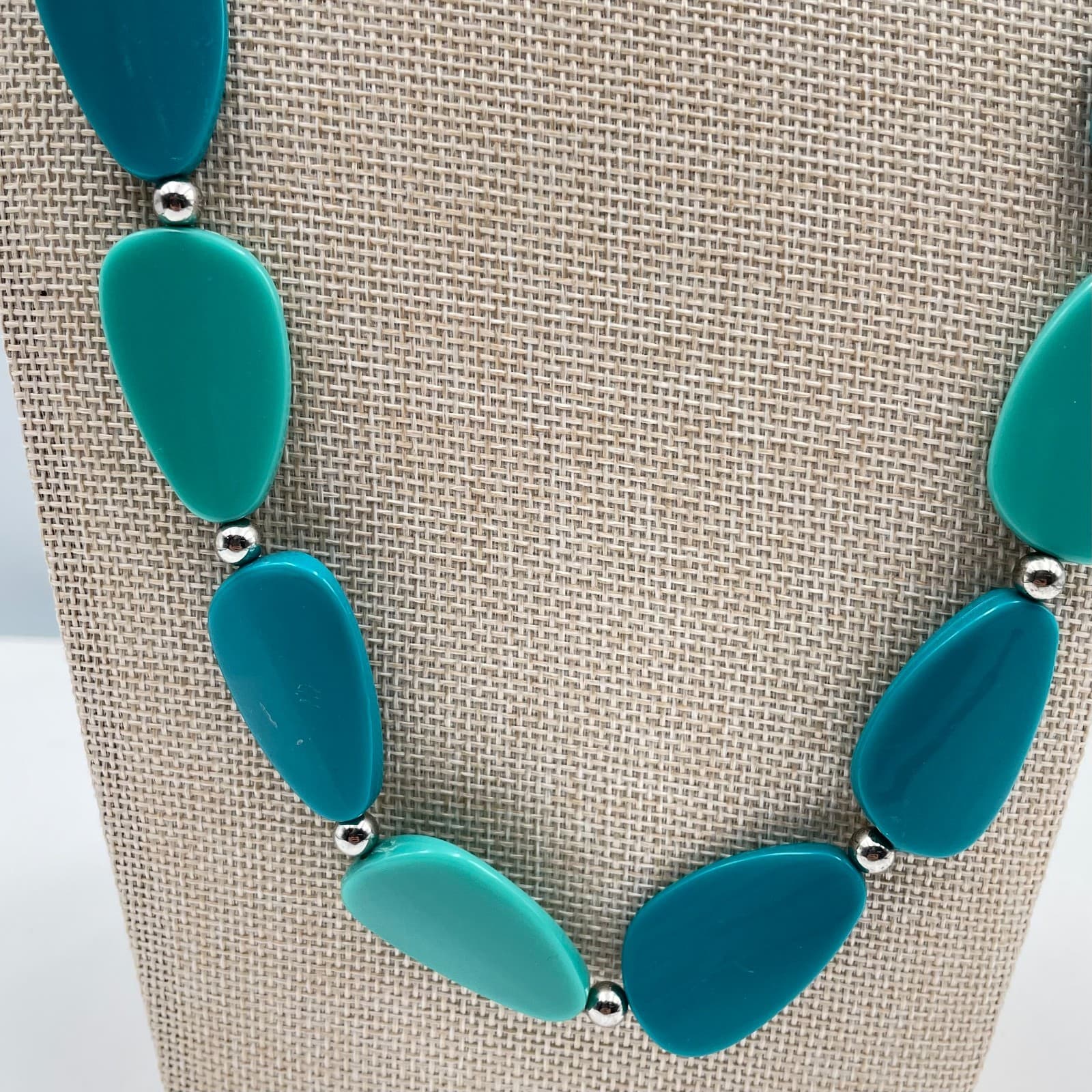 Vtg Chunky Teal Turquoise Statement Necklace Silver Tone Curb Chain Teardrop Bib - Thumbnail 3