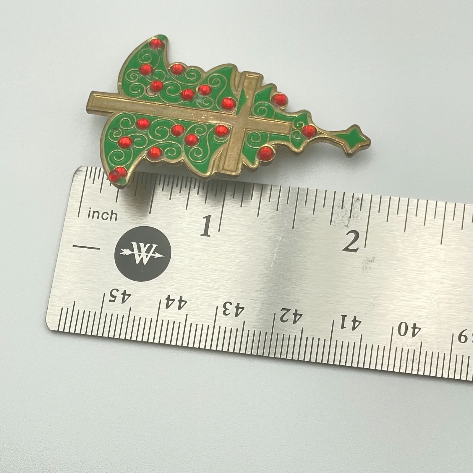 Vintage 90s Christmas Tree Cross Pin Gold Tone Green Enamel Red Glass Brooch - Thumbnail 7