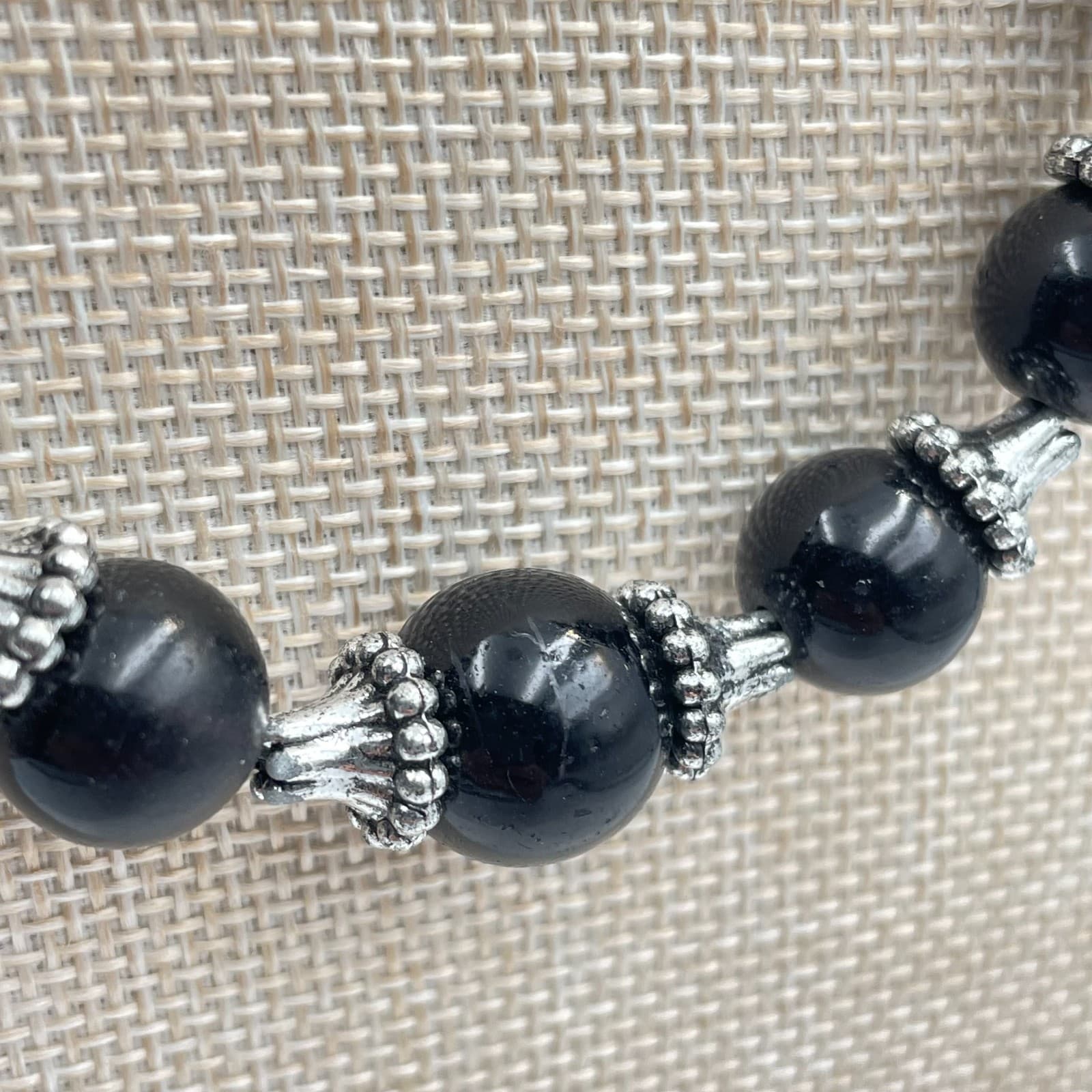 Vintage Black Onyx Glass Bead Statement Necklace Silver Tone Boho Ethnic Tribal - Thumbnail 5