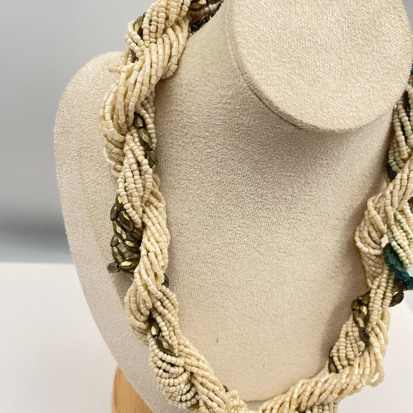 Vintage Multi-Strand Torsade Necklace Cream Seed Bead Boho Chunky Statement - Thumbnail 2