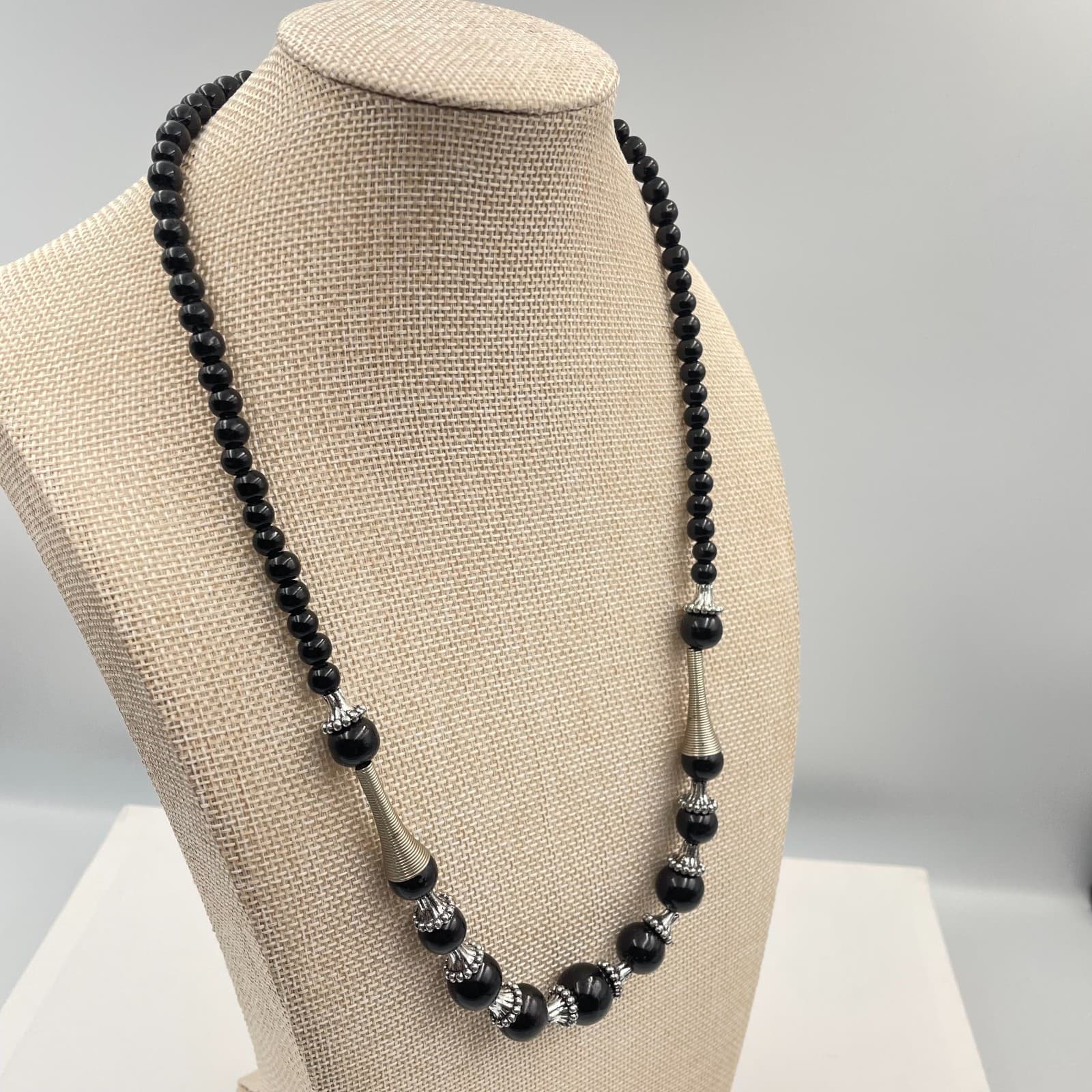 Vintage Black Onyx Glass Bead Statement Necklace Silver Tone Boho Ethnic Tribal - Thumbnail 4