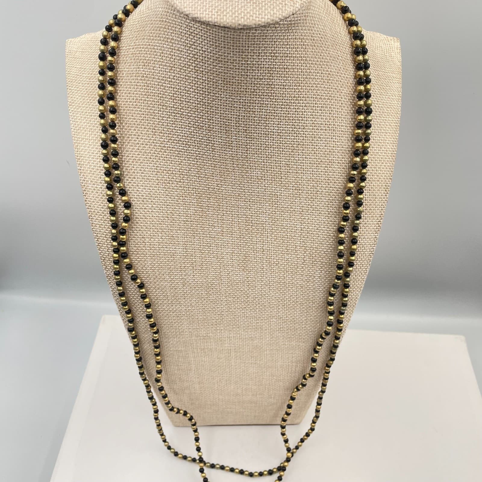 Vintage Style Long Black Gold Beaded Necklace Endless Strand Costume Jewelry