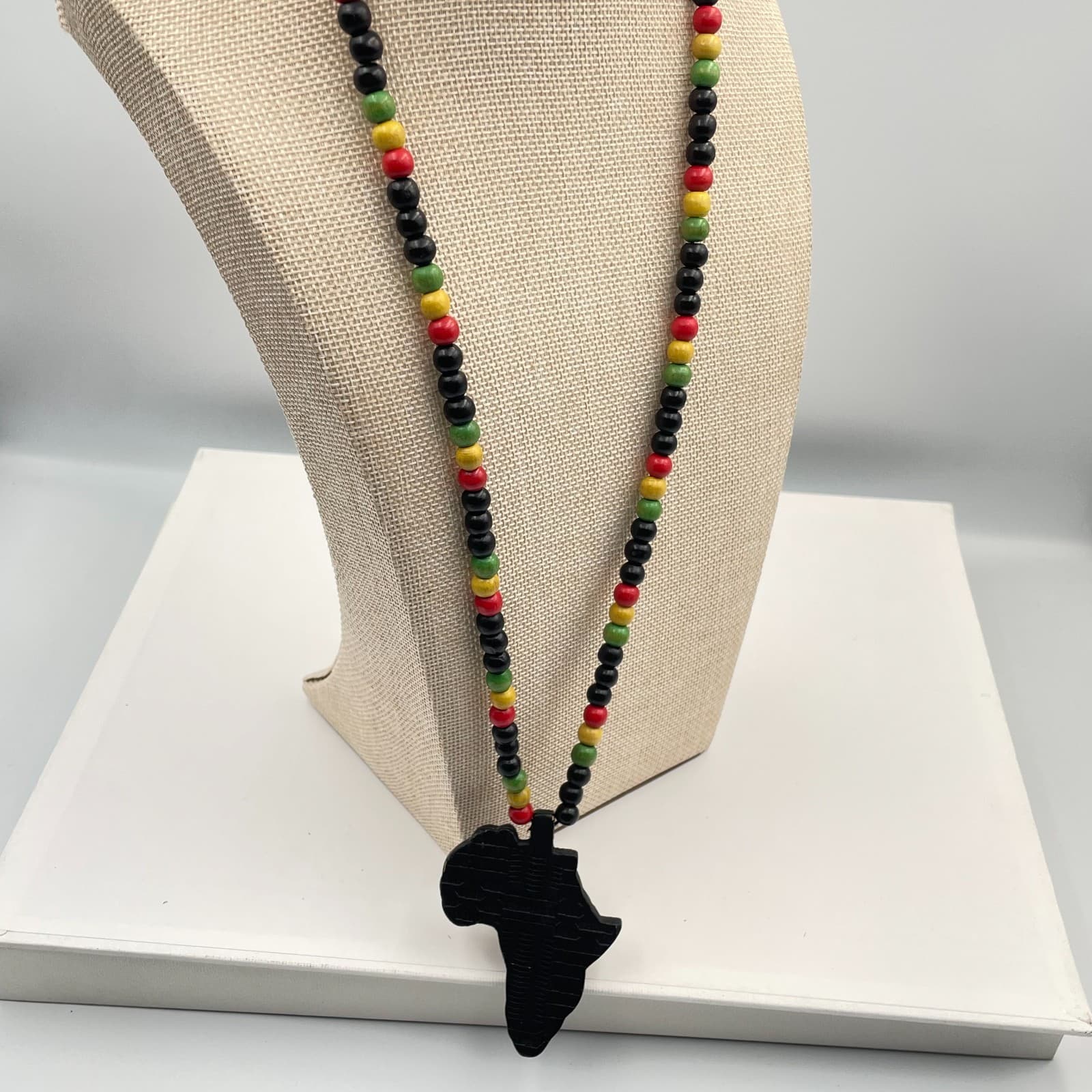 Vintage African Map Pendant Wood Bead Necklace Pan-African Rasta Multicolor - Thumbnail 6