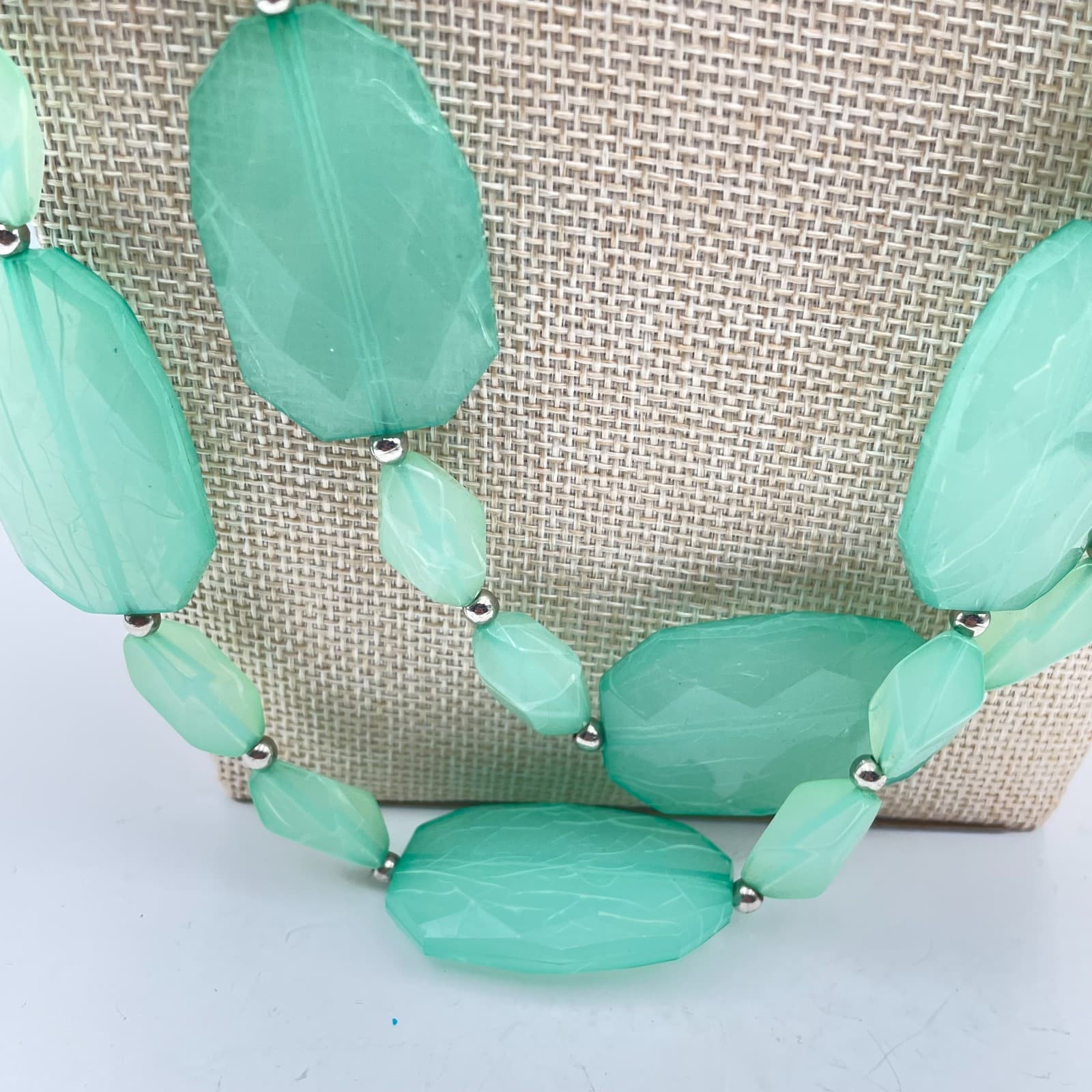 Vintage Green Beaded Double Strand Necklace Silver Tone Layered Chunky Statement - Thumbnail 4