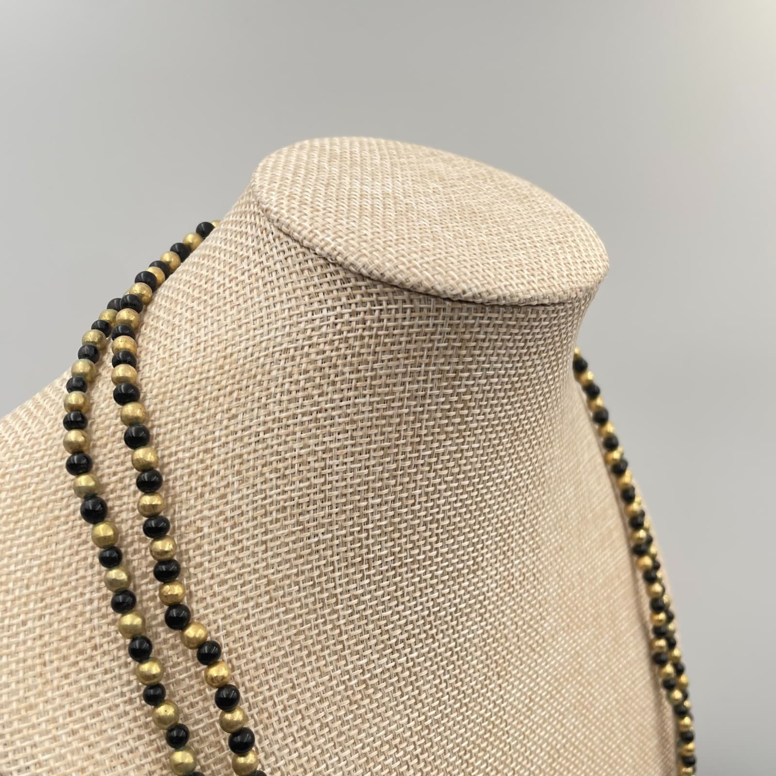 Vintage Style Long Black Gold Beaded Necklace Endless Strand Costume Jewelry - Thumbnail 5