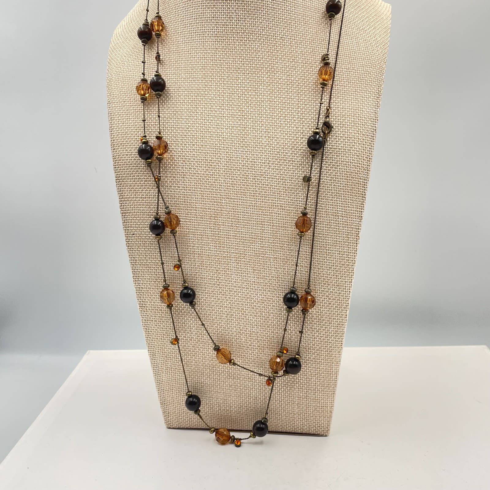 Vtg Long Amber Brown Crystal Beaded Station Necklace Bronze Tone Layering Boho - Thumbnail 3