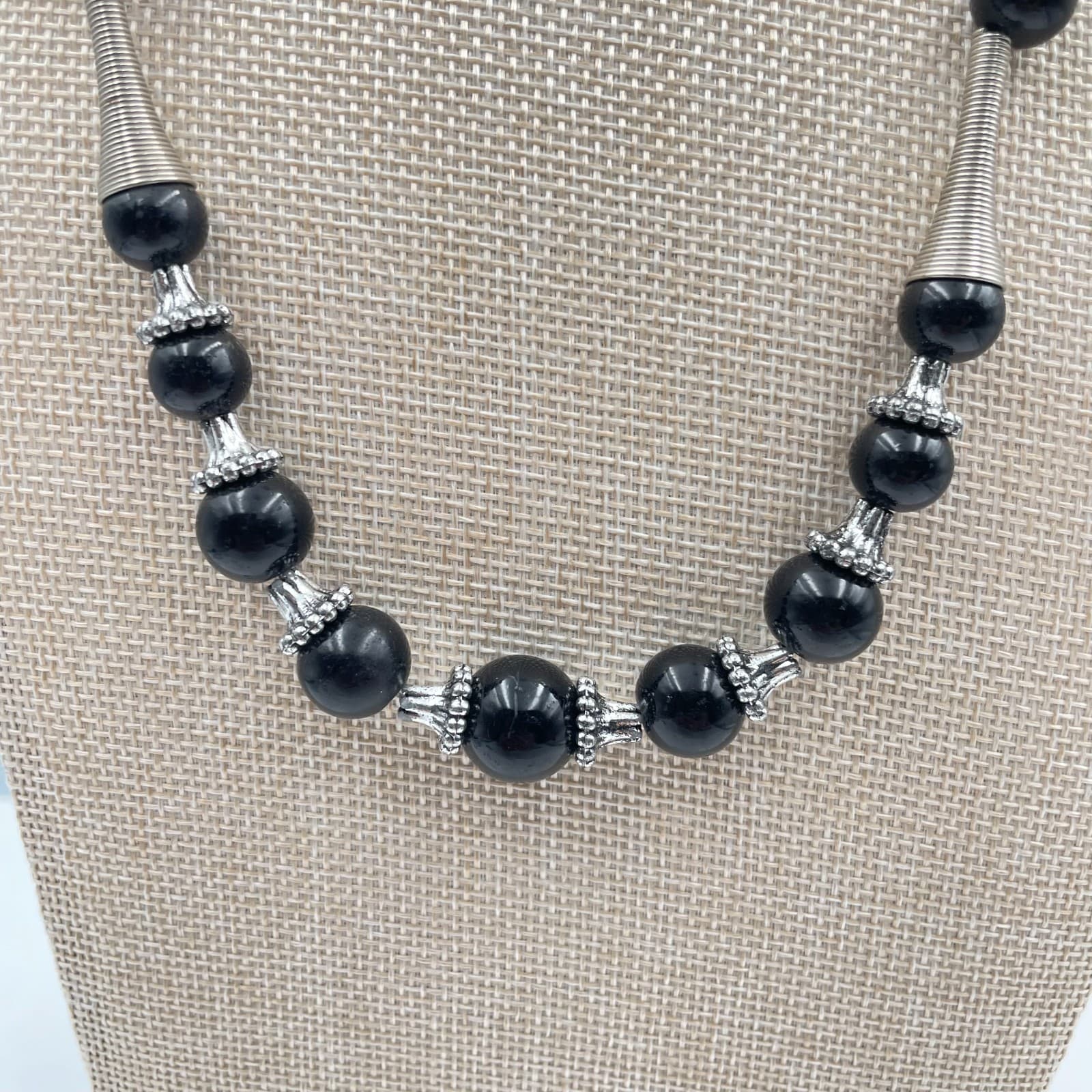 Vintage Black Onyx Glass Bead Statement Necklace Silver Tone Boho Ethnic Tribal - Thumbnail 3