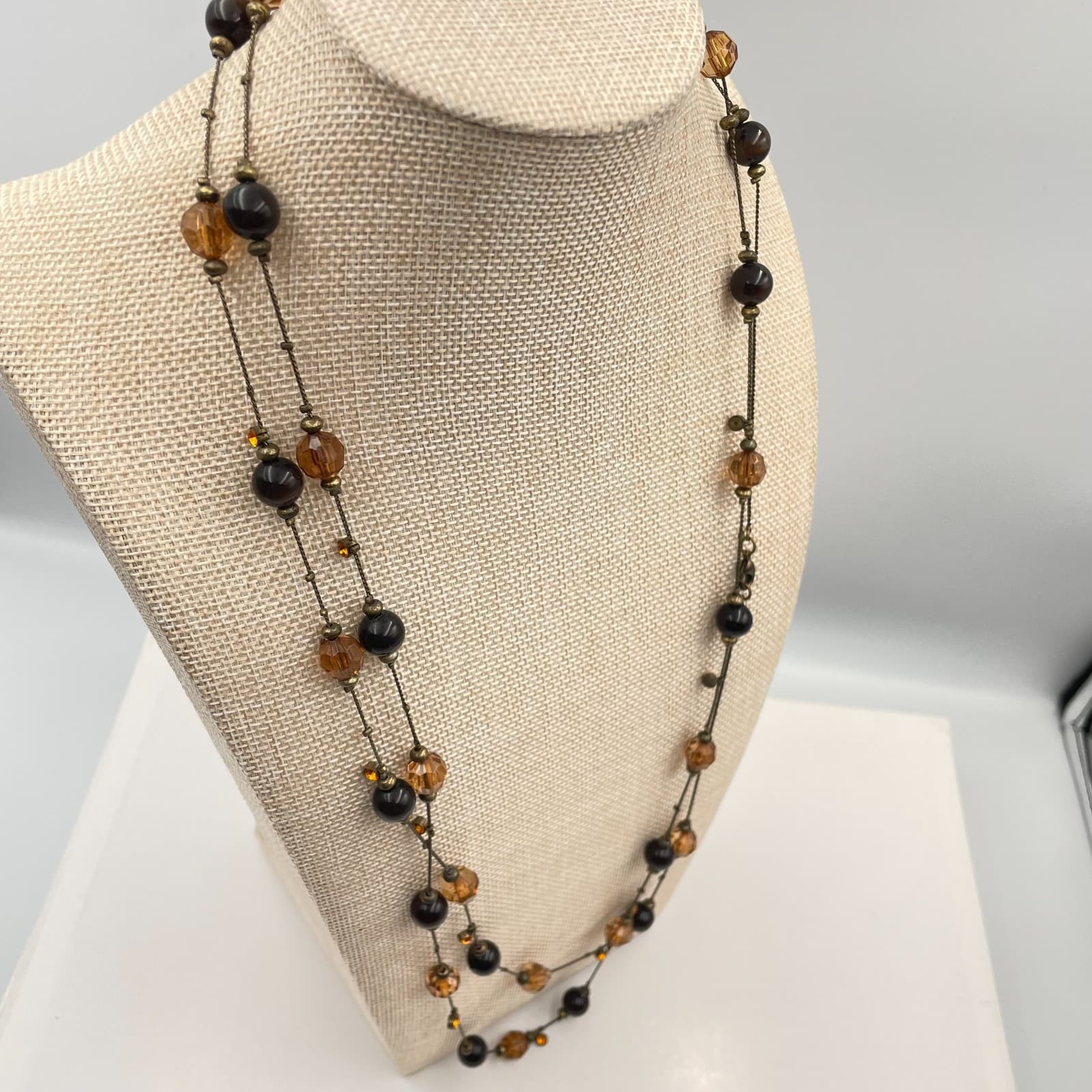 Vtg Long Amber Brown Crystal Beaded Station Necklace Bronze Tone Layering Boho - Thumbnail 6