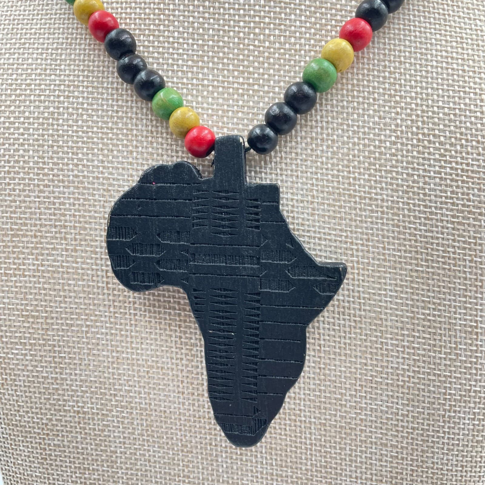 Vintage African Map Pendant Wood Bead Necklace Pan-African Rasta Multicolor - Thumbnail 3