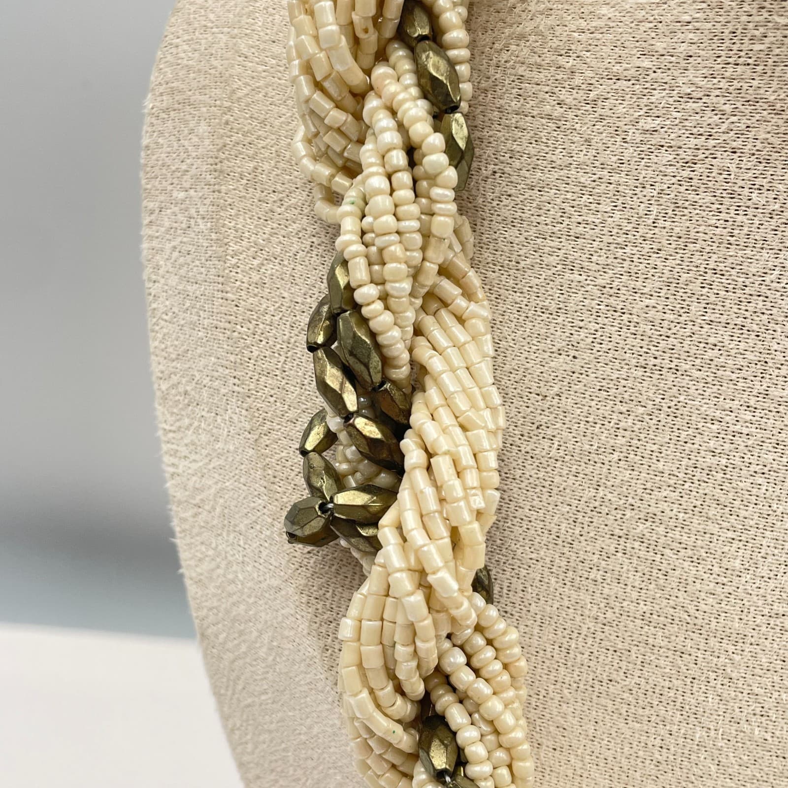 Vintage Multi-Strand Torsade Necklace Cream Seed Bead Boho Chunky Statement - Thumbnail 3