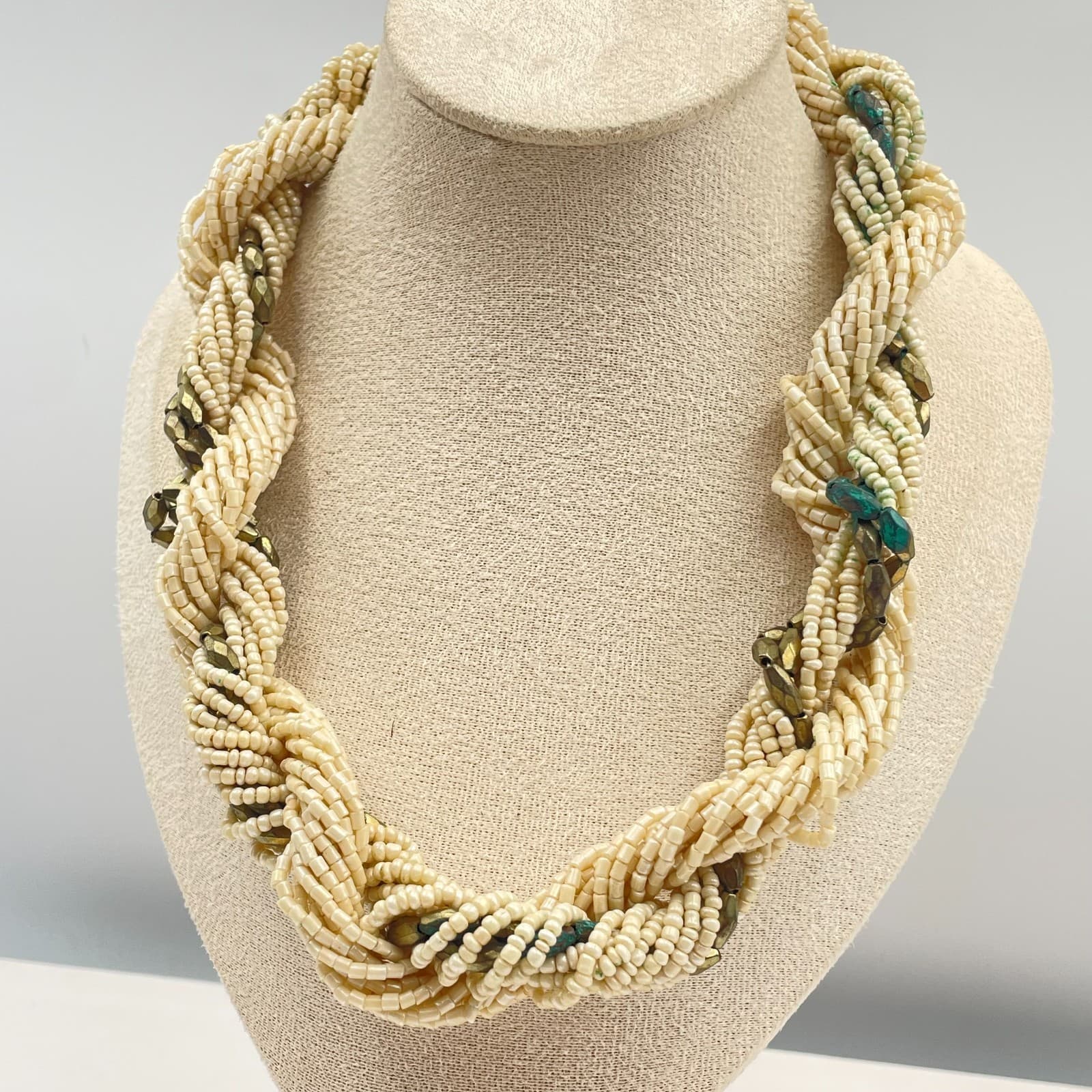 Vintage Multi-Strand Torsade Necklace Cream Seed Bead Boho Chunky Statement - Thumbnail 4