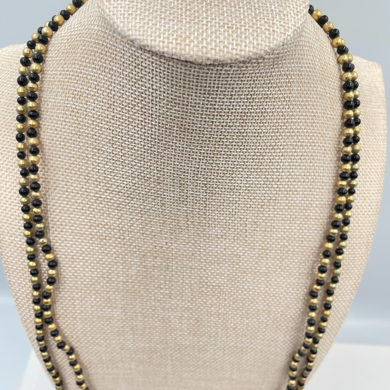 Vintage Style Long Black Gold Beaded Necklace Endless Strand Costume Jewelry - Thumbnail 2