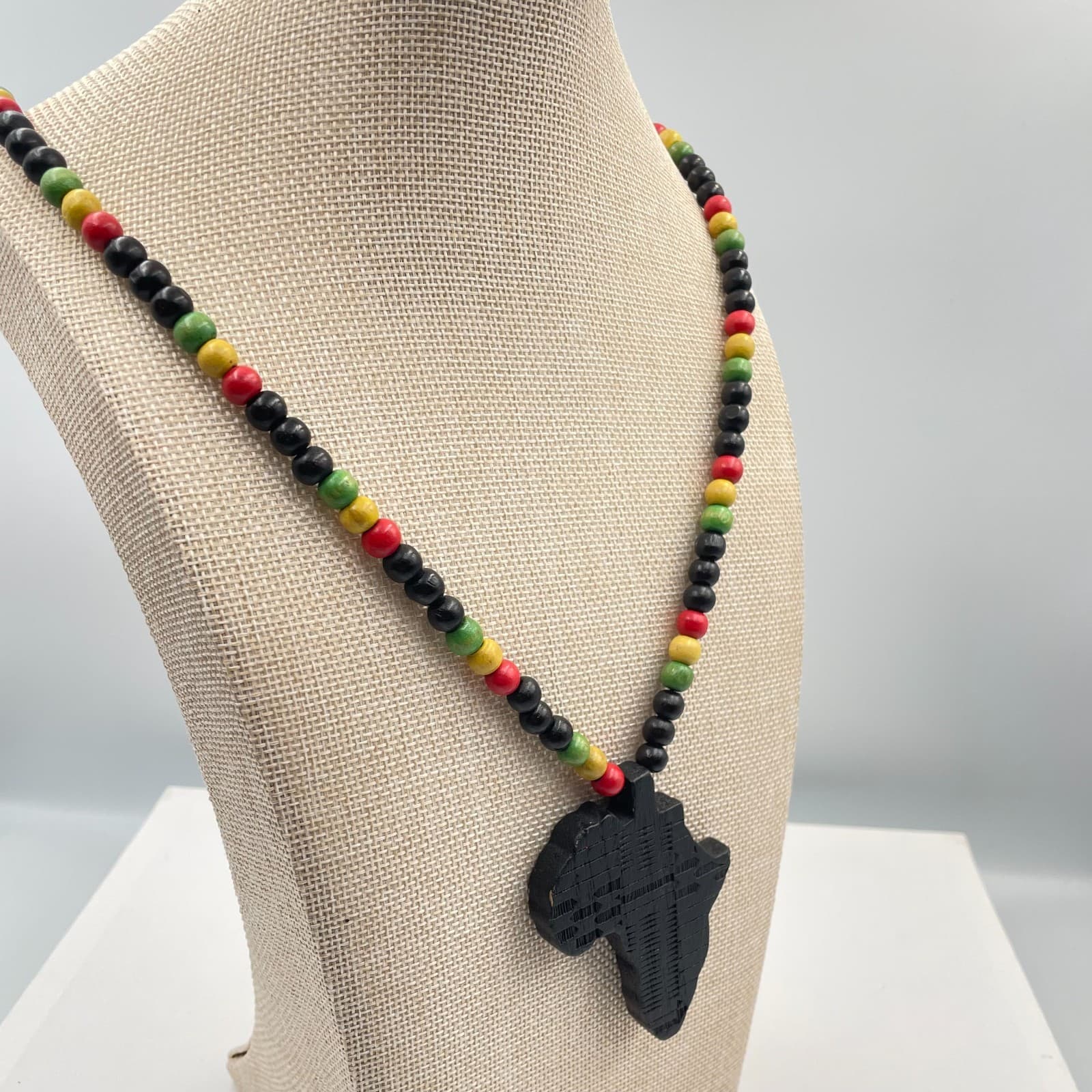 Vintage African Map Pendant Wood Bead Necklace Pan-African Rasta Multicolor - Thumbnail 5