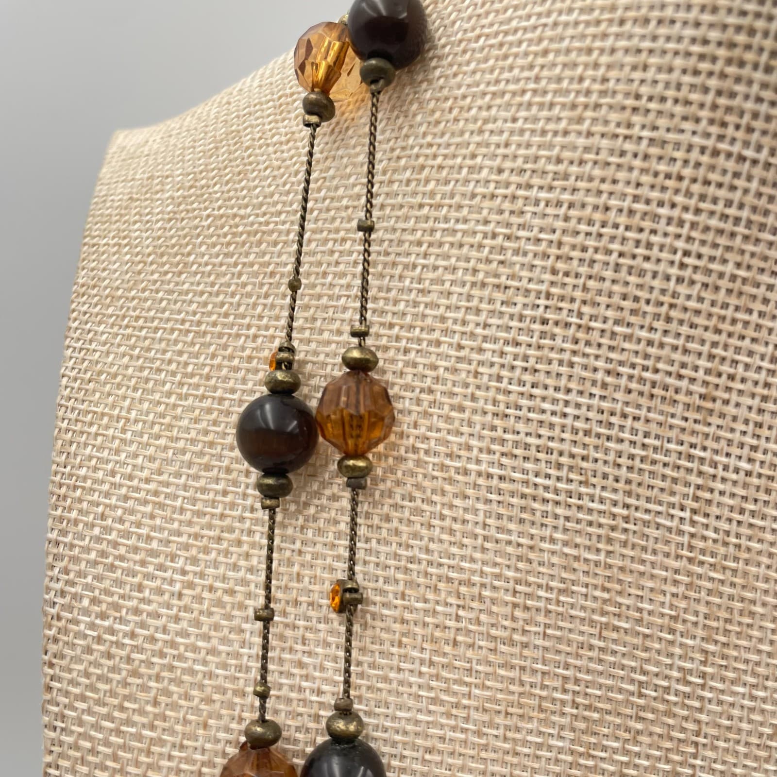 Vtg Long Amber Brown Crystal Beaded Station Necklace Bronze Tone Layering Boho - Thumbnail 4