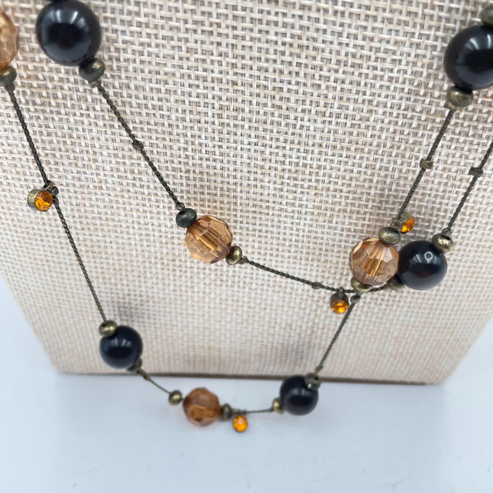 Vtg Long Amber Brown Crystal Beaded Station Necklace Bronze Tone Layering Boho - Thumbnail 5