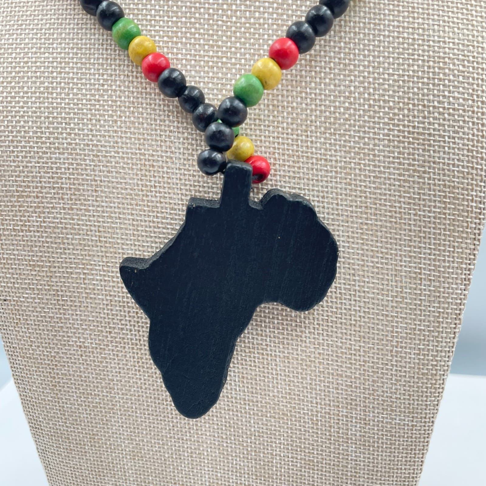 Vintage African Map Pendant Wood Bead Necklace Pan-African Rasta Multicolor - Thumbnail 4