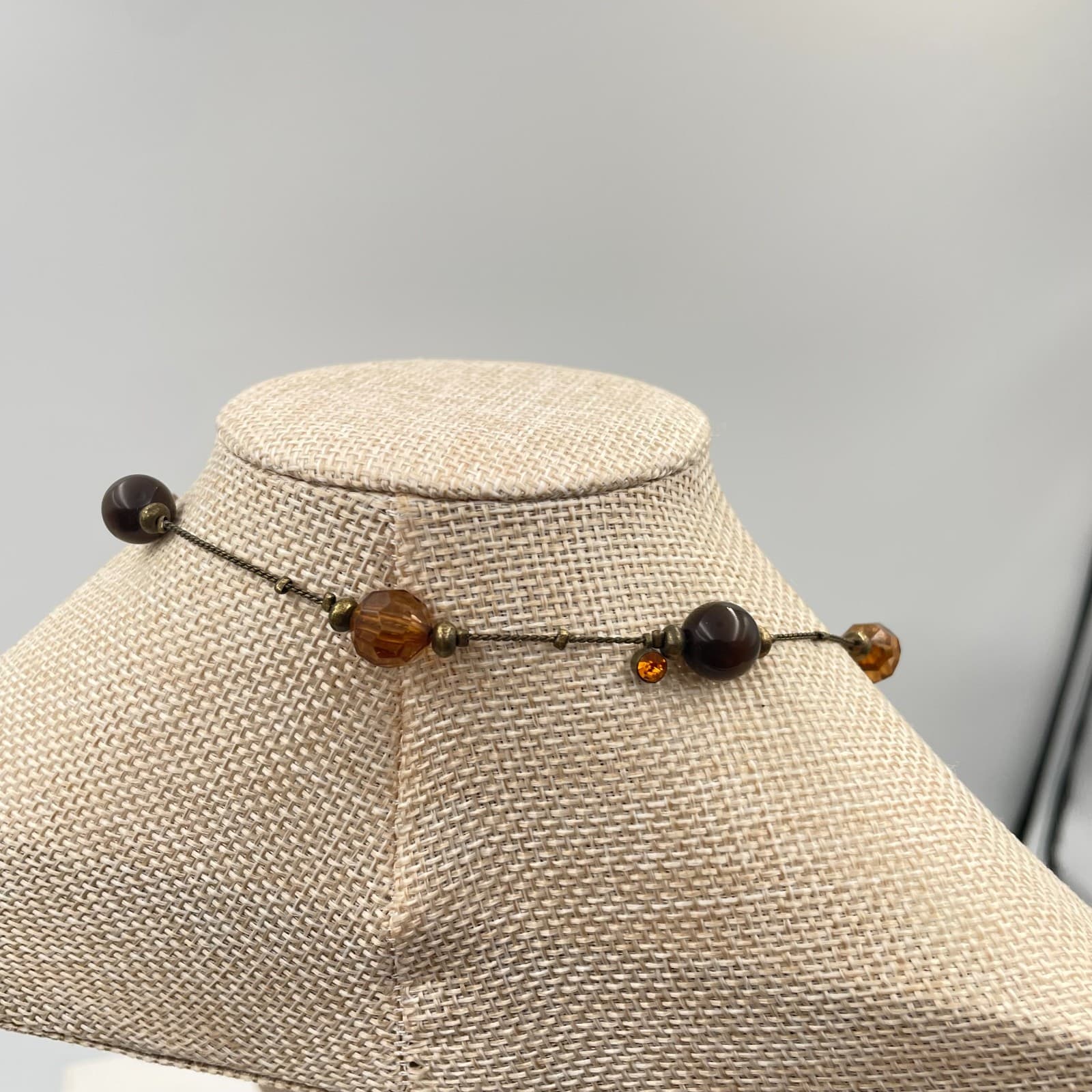 Vtg Long Amber Brown Crystal Beaded Station Necklace Bronze Tone Layering Boho - Thumbnail 7