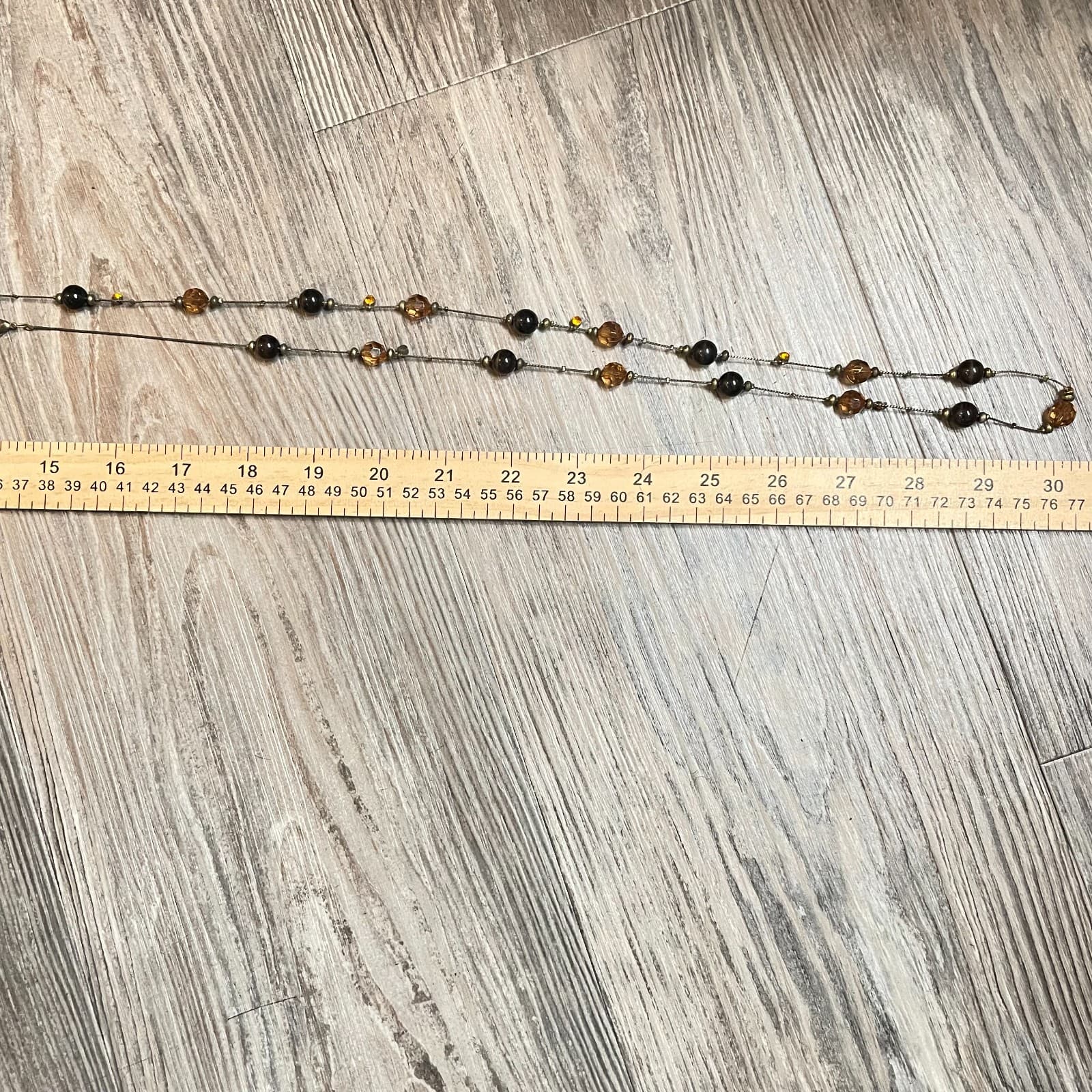 Vtg Long Amber Brown Crystal Beaded Station Necklace Bronze Tone Layering Boho - Thumbnail 9